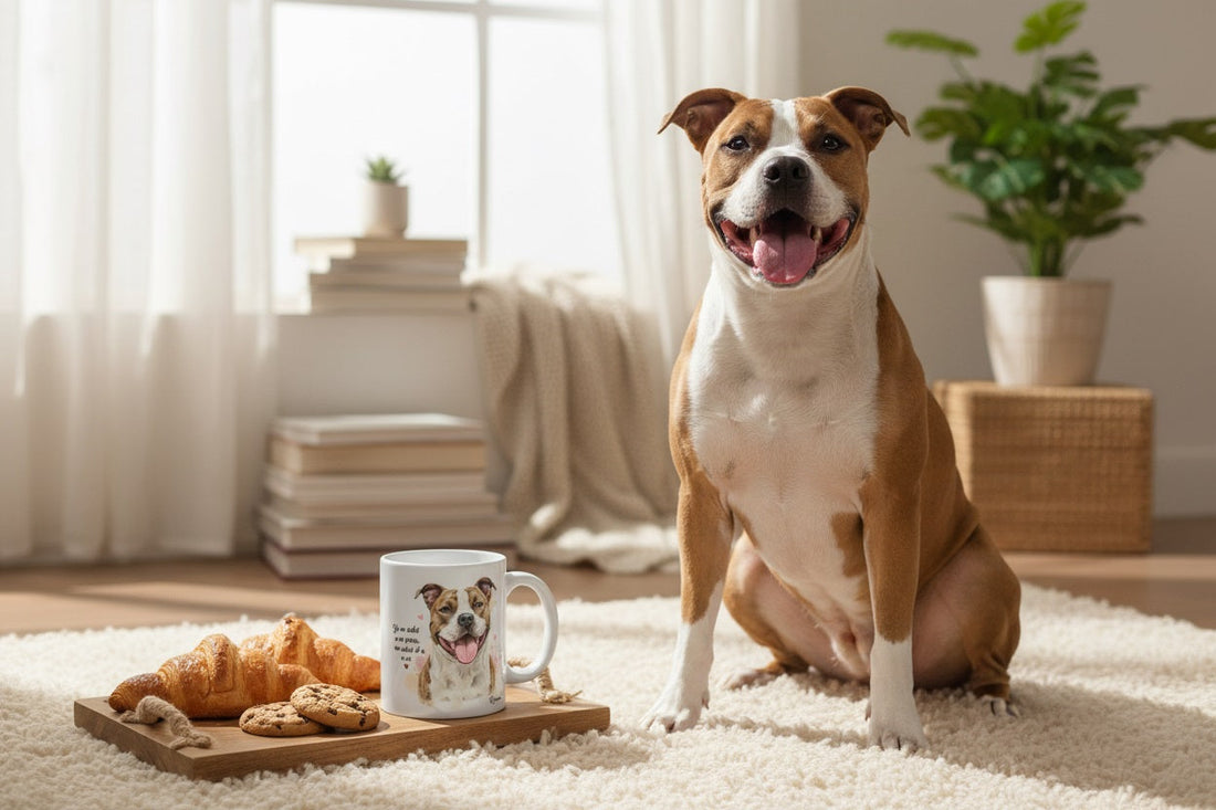 American Staffordshire junto a taza cerámica con ilustración en acuarela – regalo para dueños de perros