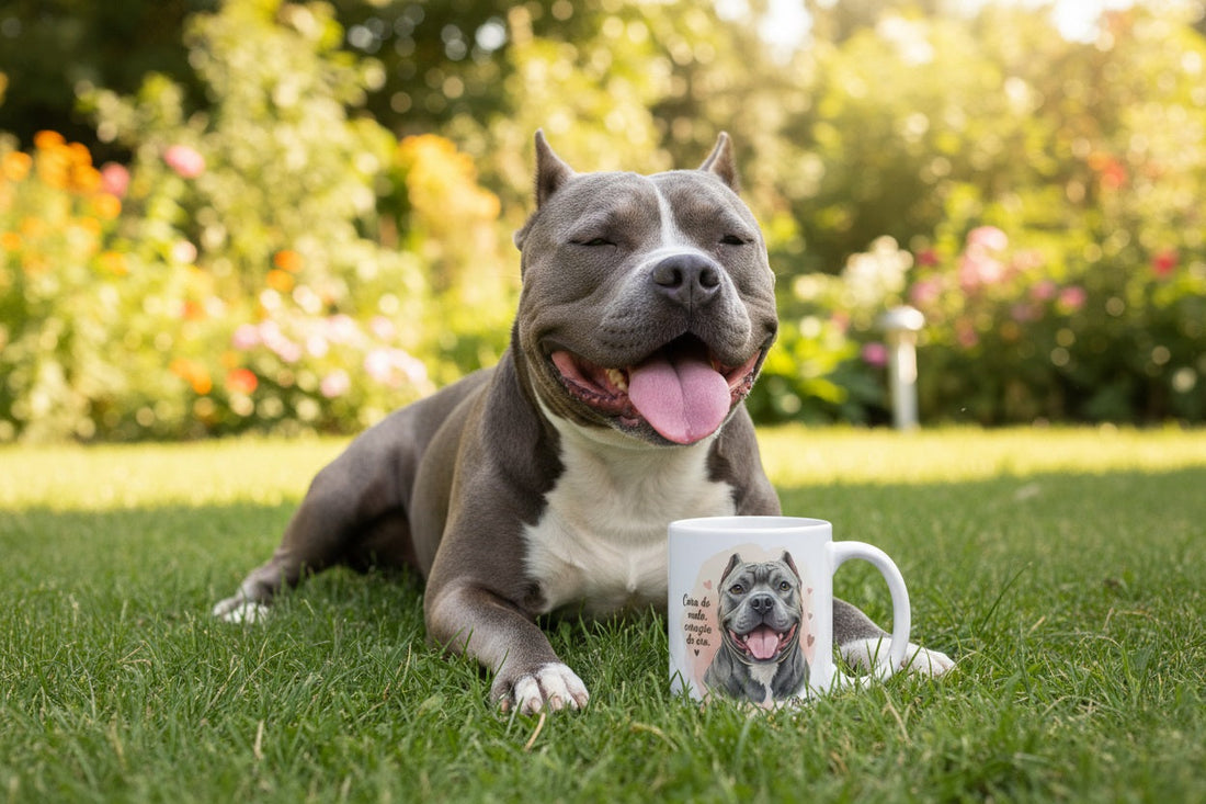 American Bully gris junto a taza cerámica con ilustración en acuarela – escena lifestyle Kiranoa