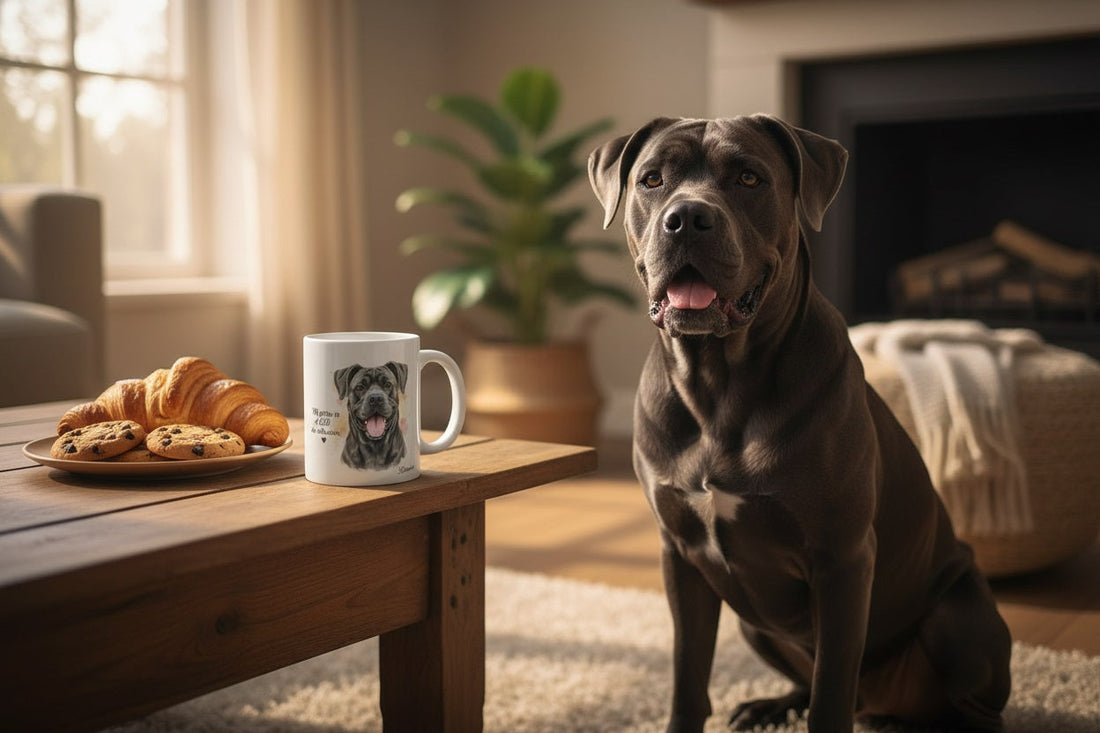 Cane Corso junto a taza cerámica Kiranoa con ilustración en acuarela – escena lifestyle