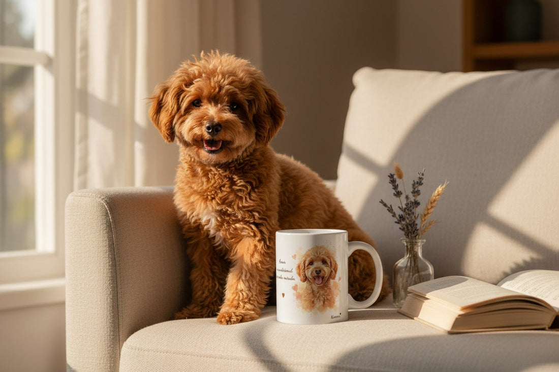 Caniche color albaricoque junto a taza cerámica con ilustración en acuarela – escena lifestyle Kiranoa