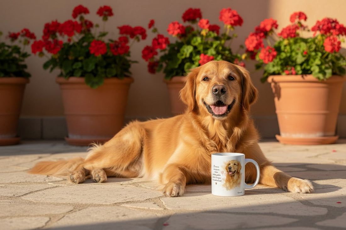 Golden Retriever tumbado en terraza con macetas de geranios junto a taza cerámica con ilustración en acuarela – escena lifestyle Kiranoa