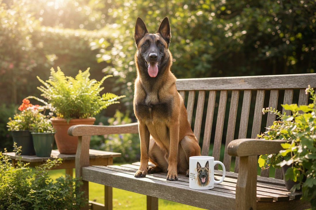 Pastor Belga Malinois junto a taza cerámica con ilustración en acuarela – escena lifestyle Kiranoa
