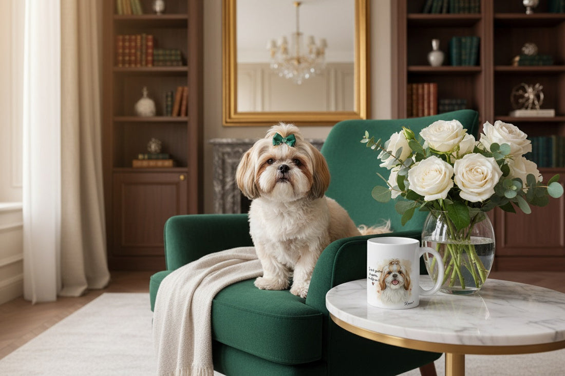 Shih Tzu elegante junto a taza cerámica con ilustración en acuarela – escena lifestyle Kiranoa