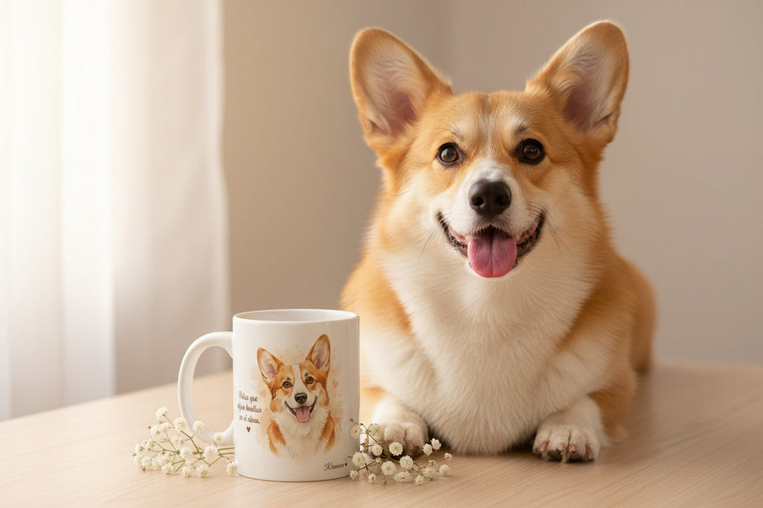 Corgi junto a taza cerámica Kiranoa con ilustración en acuarela – escena lifestyle en hogar acogedor