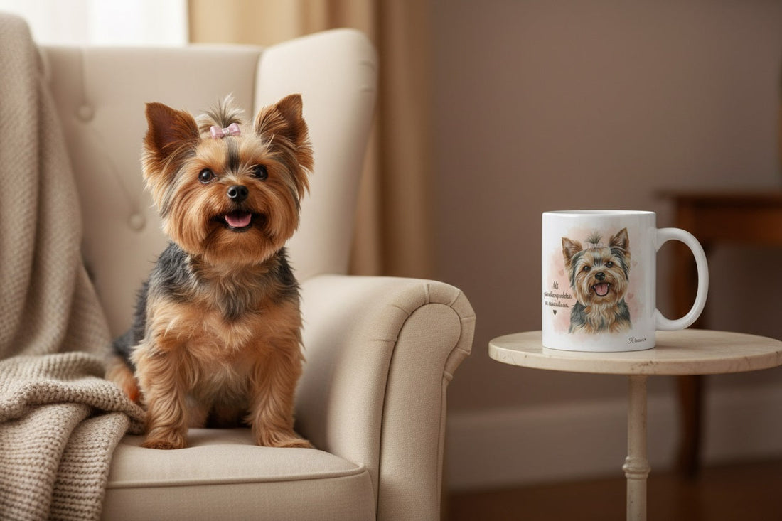 Yorkshire Terrier junto a taza cerámica Kiranoa con ilustración en acuarela – escena lifestyle