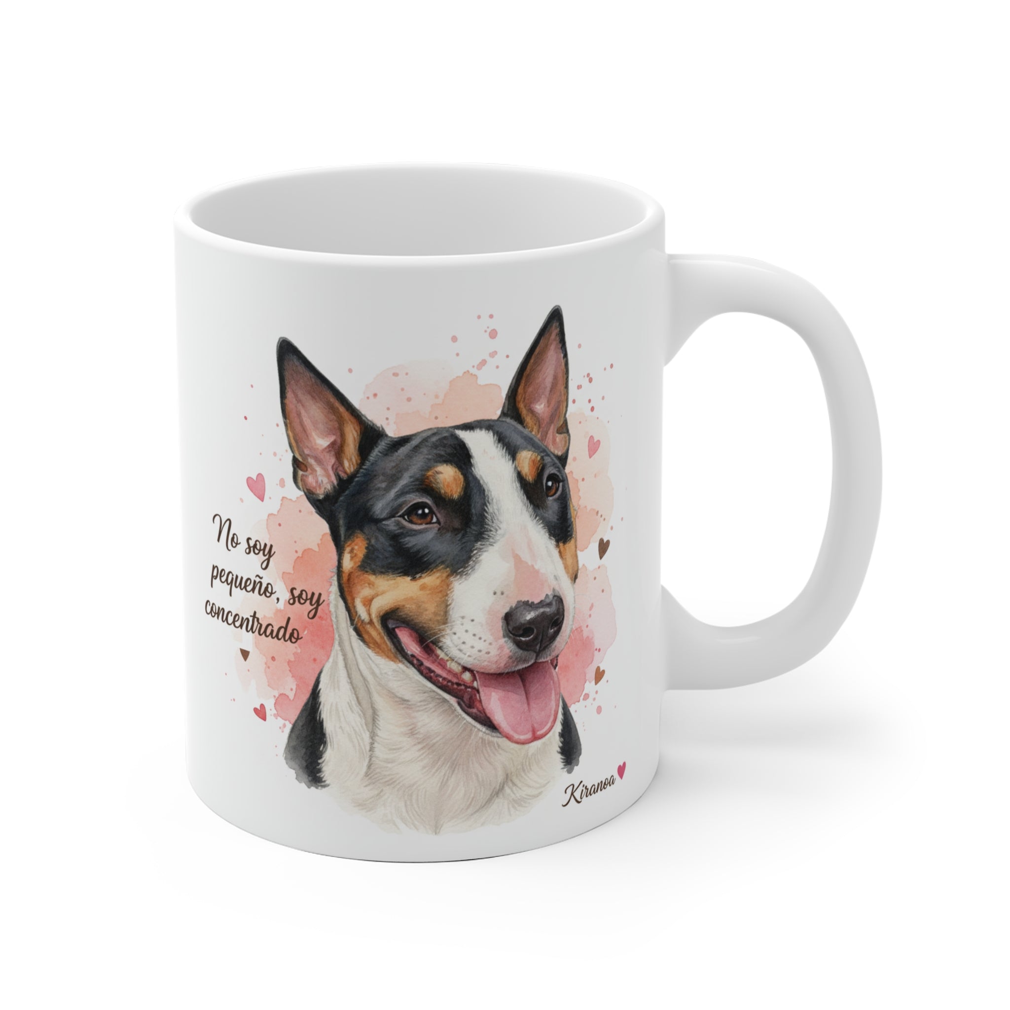 Taza cerámica Bull Terrier Miniatura con frase No soy pequeño soy concentrado – vista frontal