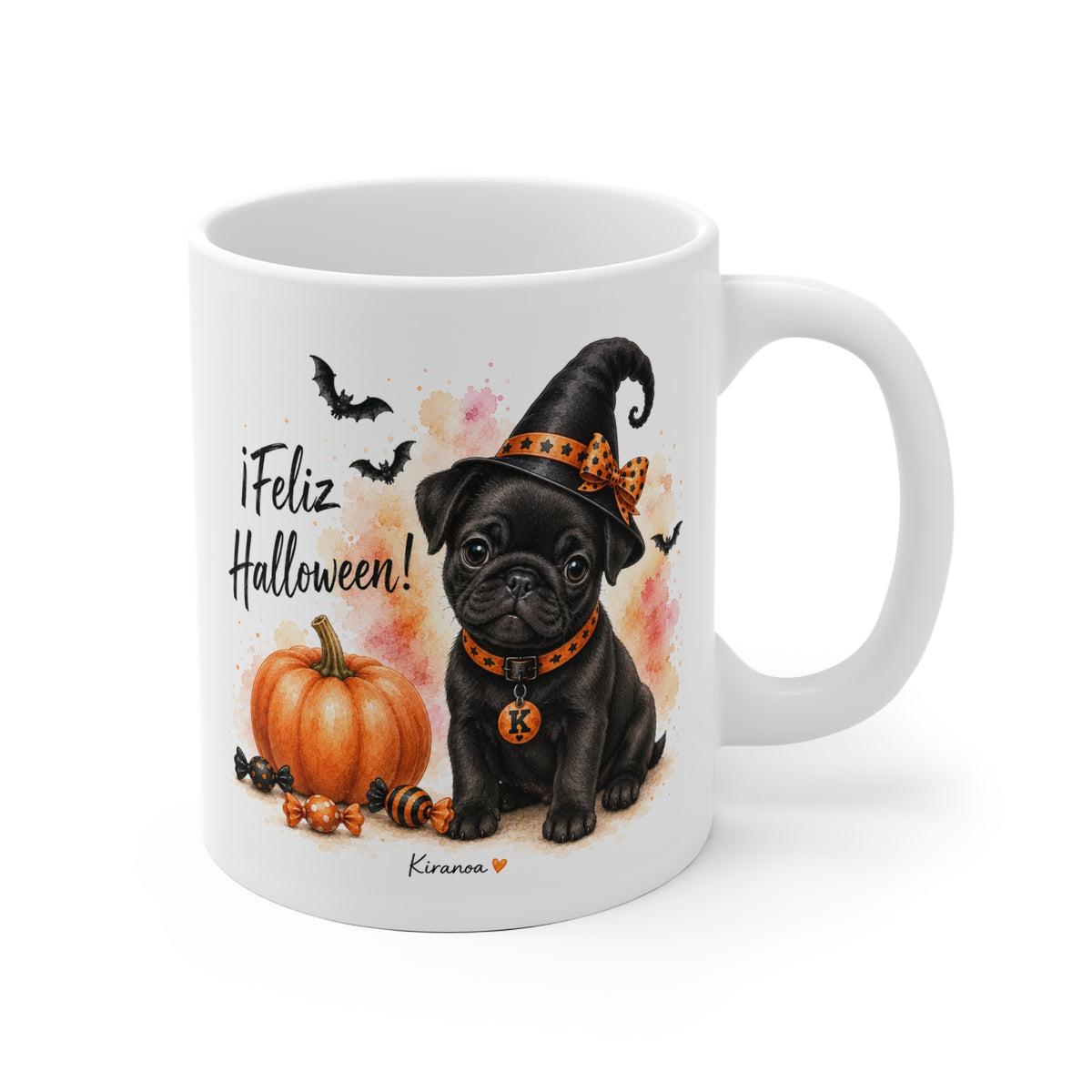 Taza cerámica Carlino Pug Halloween con ilustración terrorífica vista frontal Kiranoa
