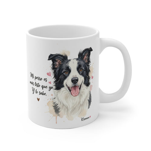 Taza cerámica Border Collie con frase Mi perro es más listo que yo y lo sabe – vista frontal