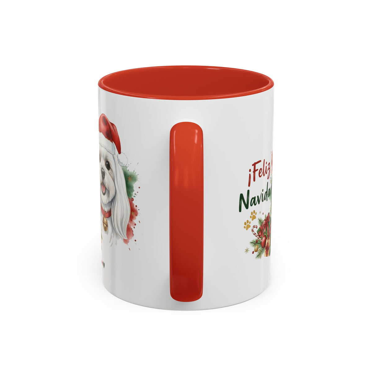 Taza Navideña Bichón Maltés de 325 ml con interior y asa en rojo navideño vista lateral Kiranoa