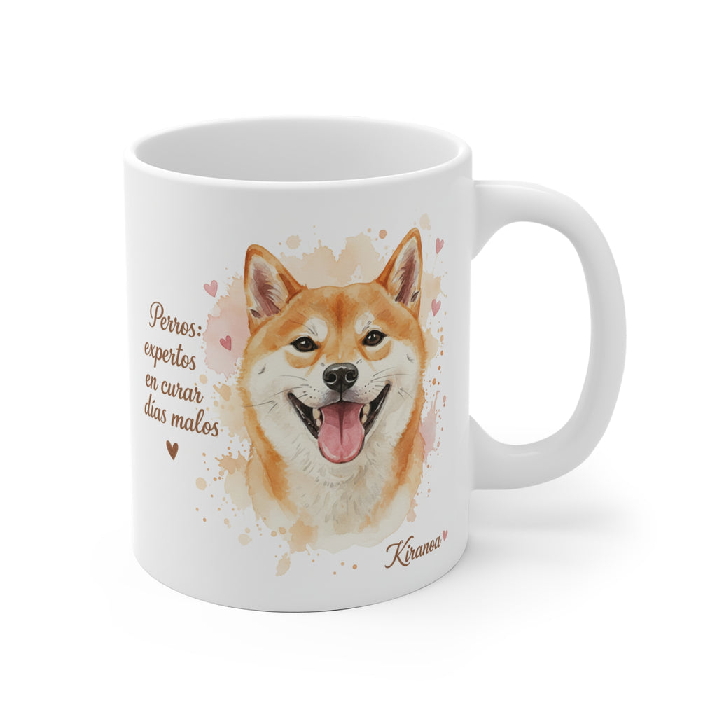 Taza cerámica Shiba Inu con frase Perros expertos en curar días malos – vista frontal