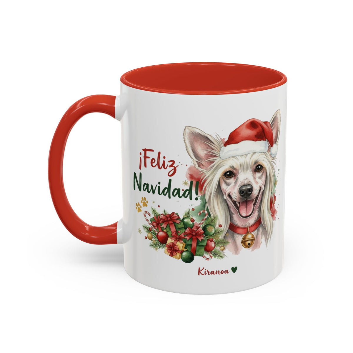 Taza Navideña Crestado Chino con interior y asa roja vista trasera Kiranoa