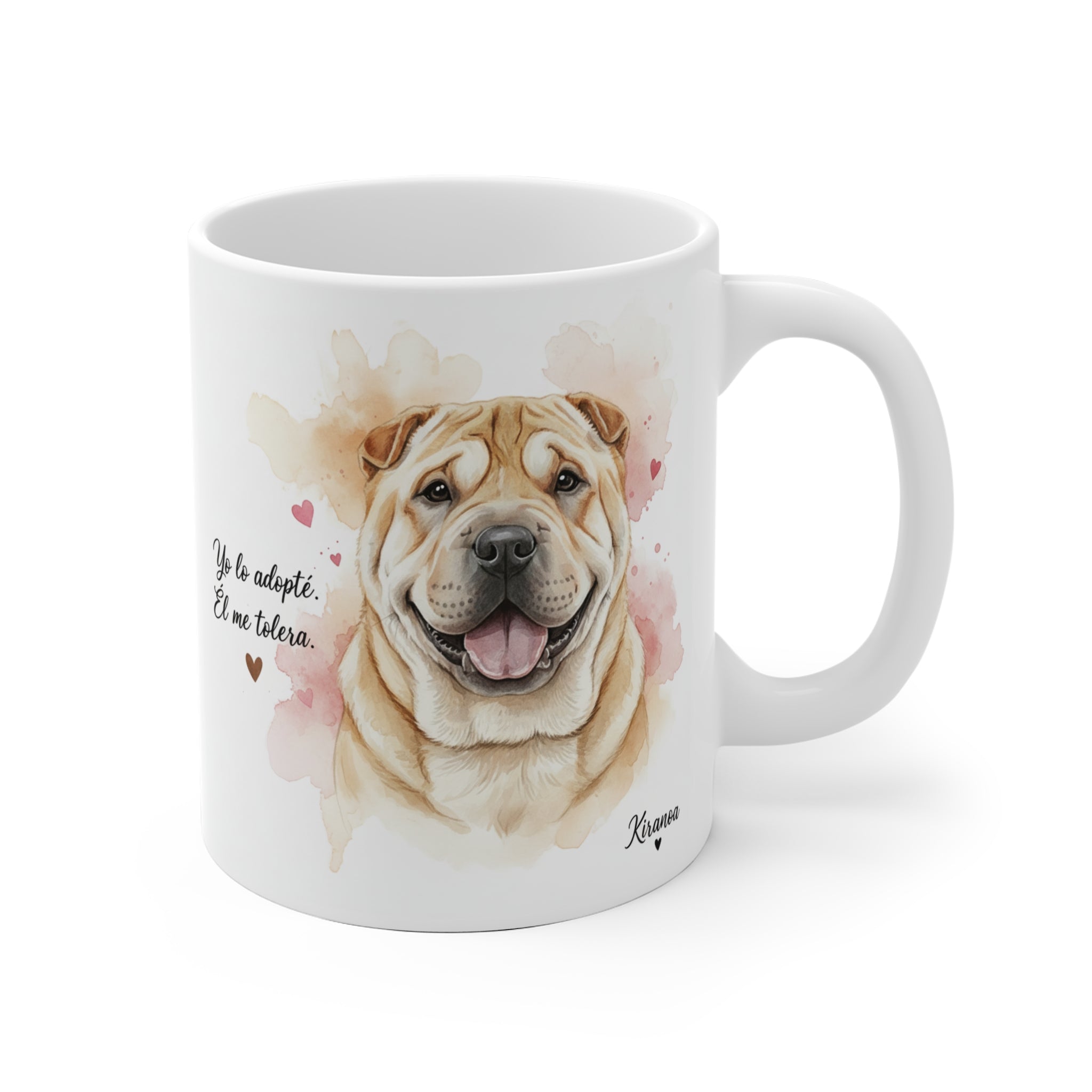 Taza cerámica Shar Pei con frase Yo te adopté él me tolera – vista frontal