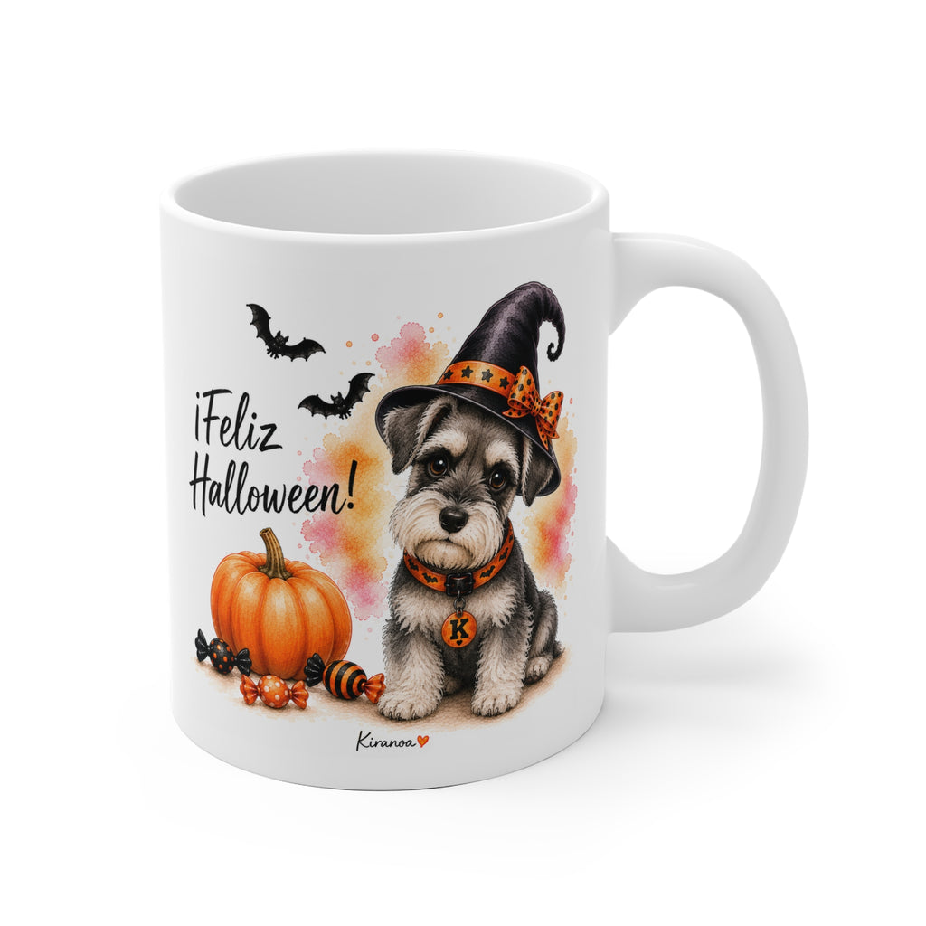 Taza cerámica Schnauzer Miniatura Halloween con ilustración terrorífica vista frontal Kiranoa