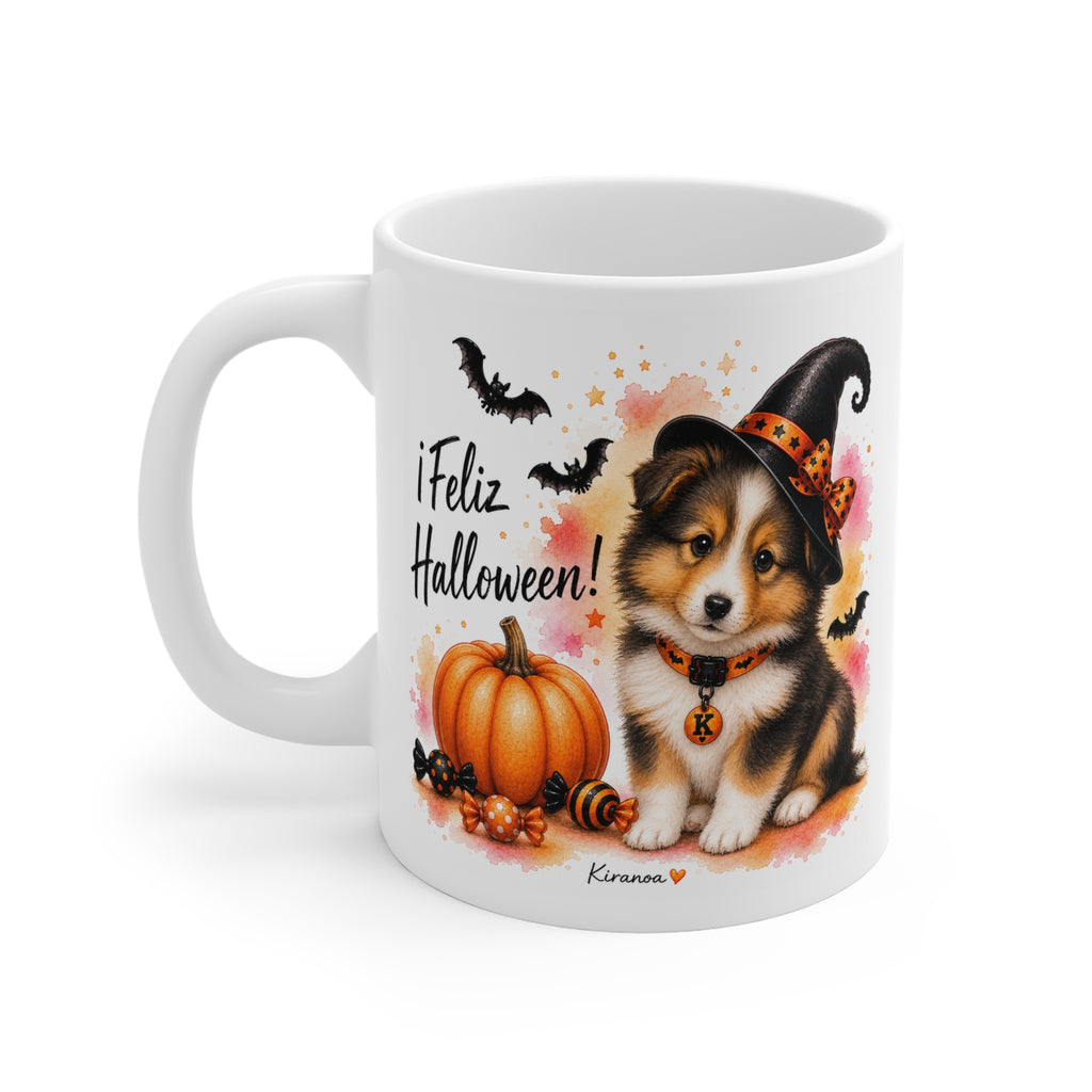 Taza cerámica Shetland Sheepdog Halloween con diseño impreso en ambas caras vista trasera Kiranoa