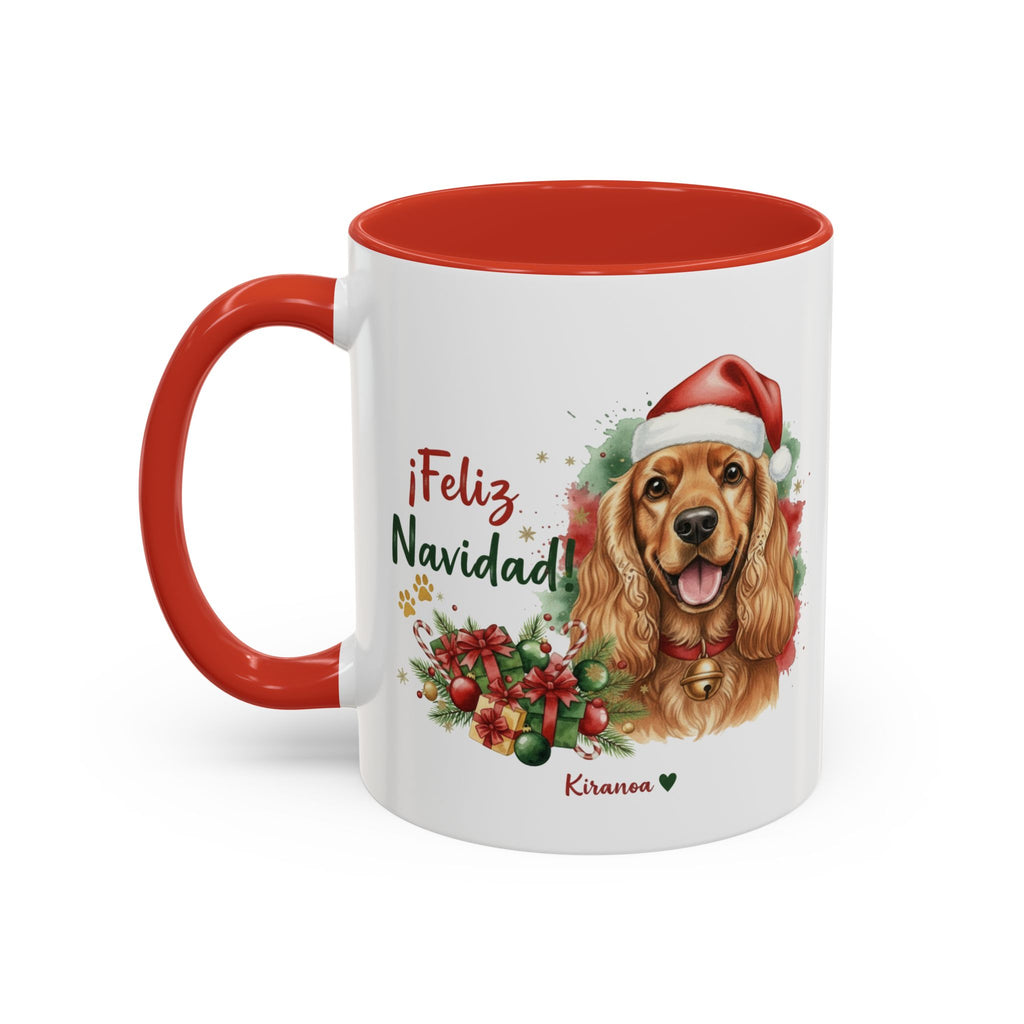 Taza Navideña Cocker Spaniel Inglés Dorado con interior y asa roja vista trasera Kiranoa