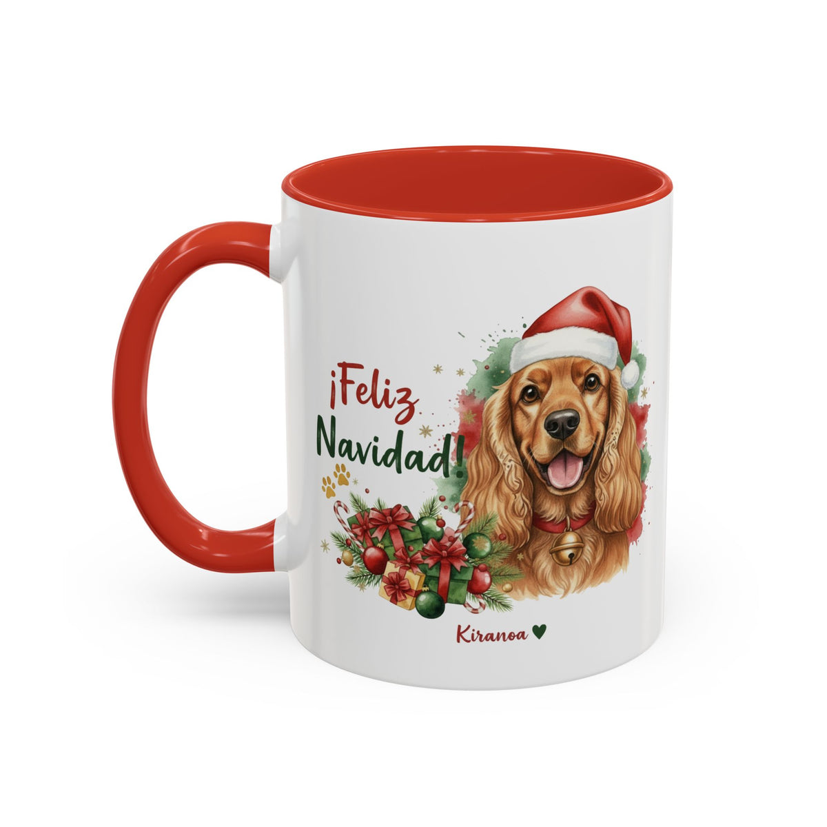 Taza Navideña Cocker Spaniel Inglés Dorado con interior y asa roja vista trasera Kiranoa
