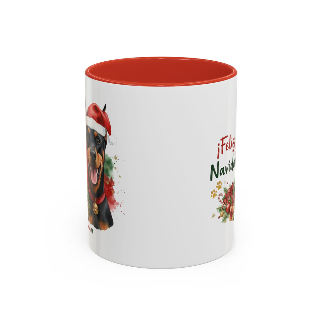 Taza Navideña Dóberman con diseño navideño impreso vista lateral Kiranoa