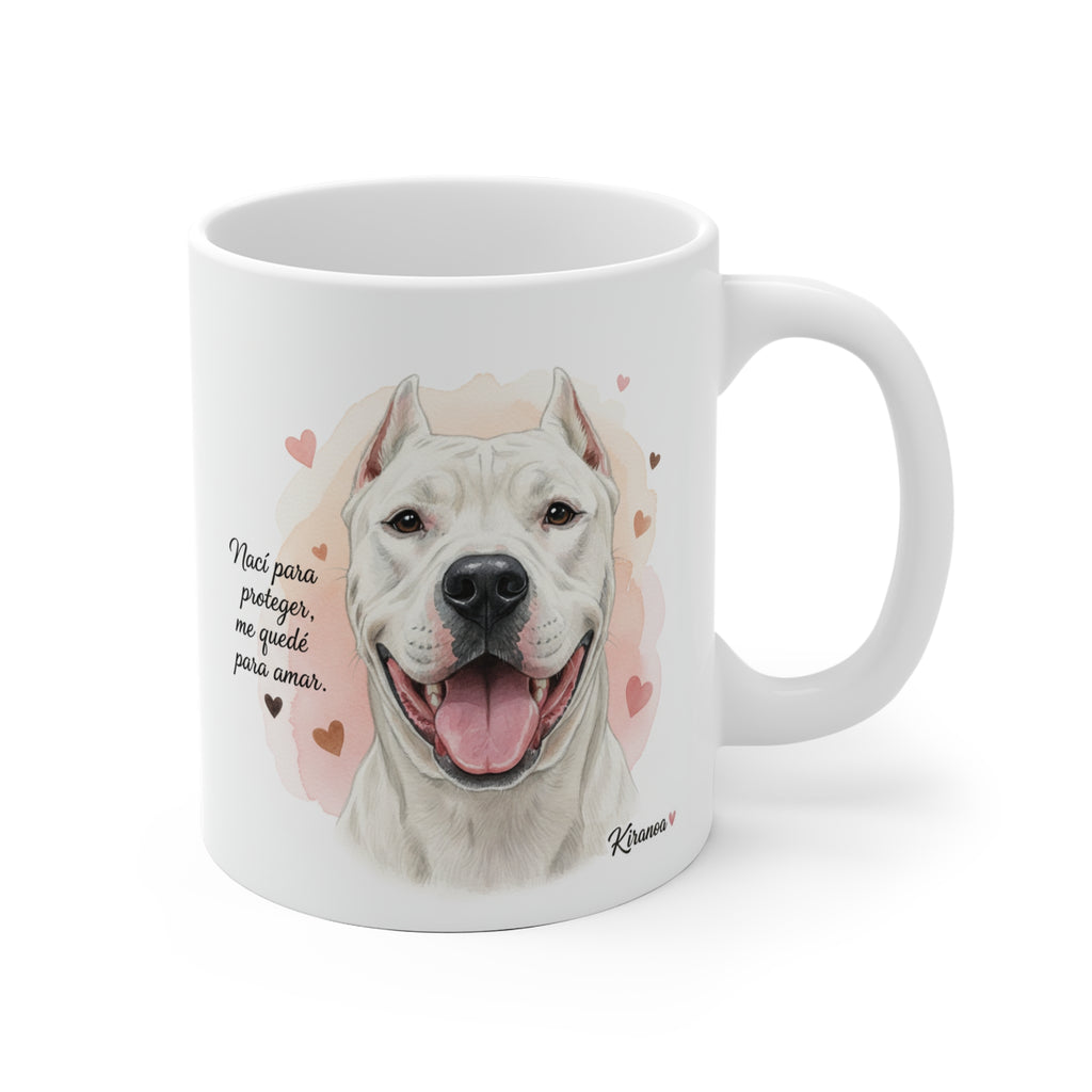 Taza cerámica Dogo Argentino con frase Nací para proteger, me quedé para amar. – vista frontal