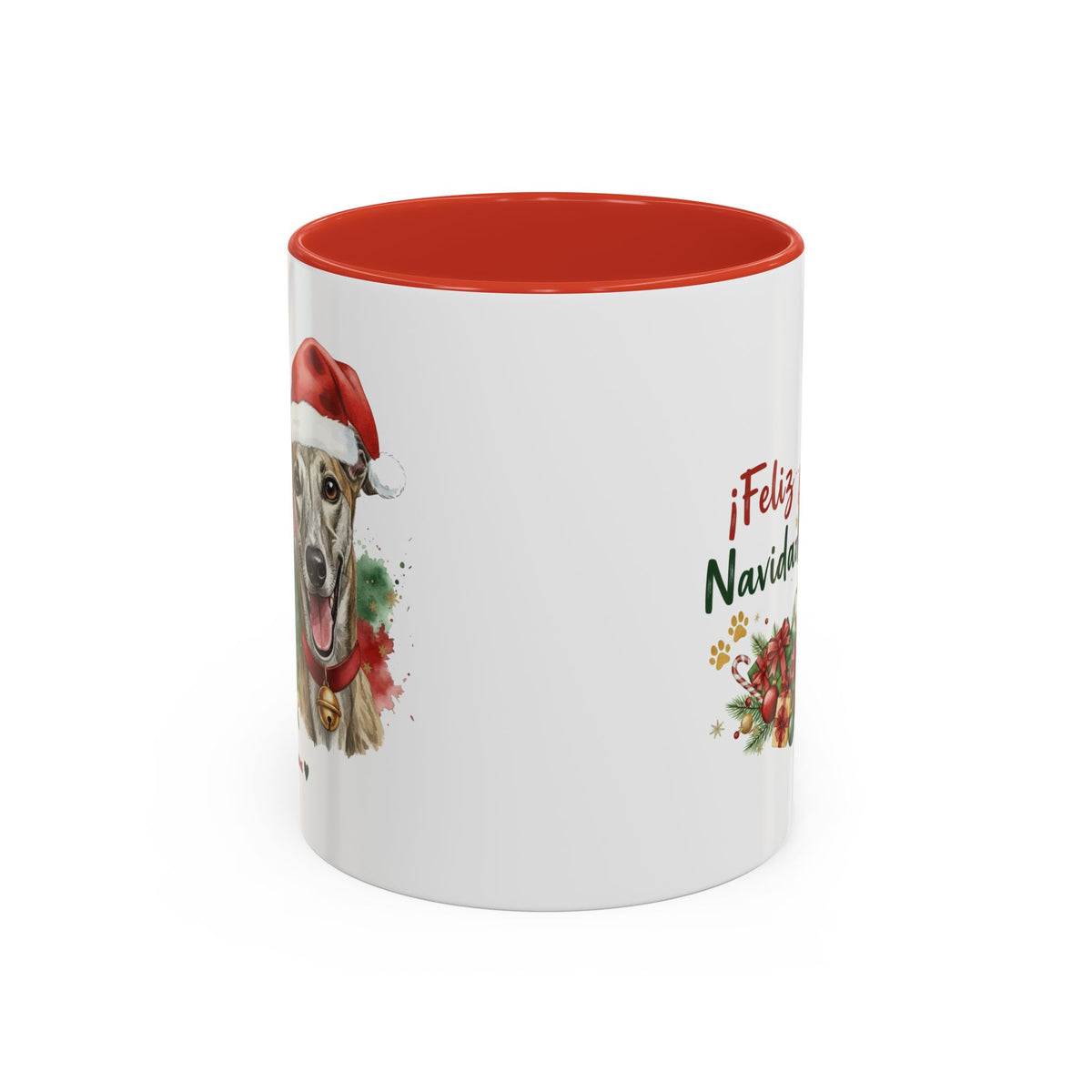 Taza Navideña Galgo Español con diseño navideño impreso vista lateral Kiranoa