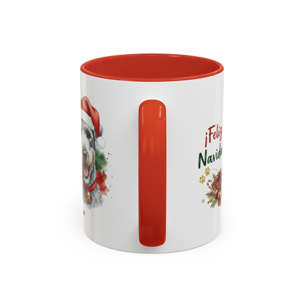 Taza Navideña Bedlington Terrier de 325 ml con interior y asa en rojo navideño vista lateral Kiranoa