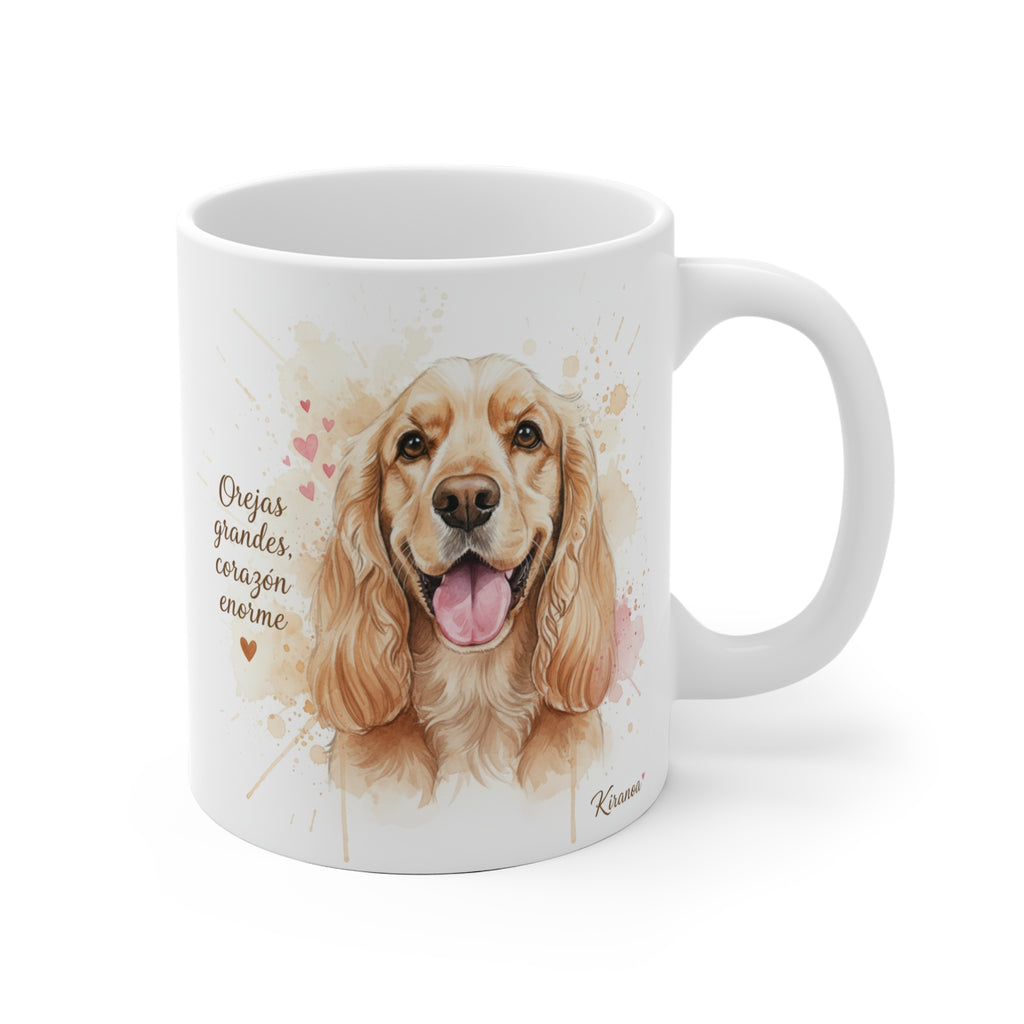 Taza Cocker Spaniel con la frase Orejas grandes, corazón enorme — ilustración acuarela — Kiranoa