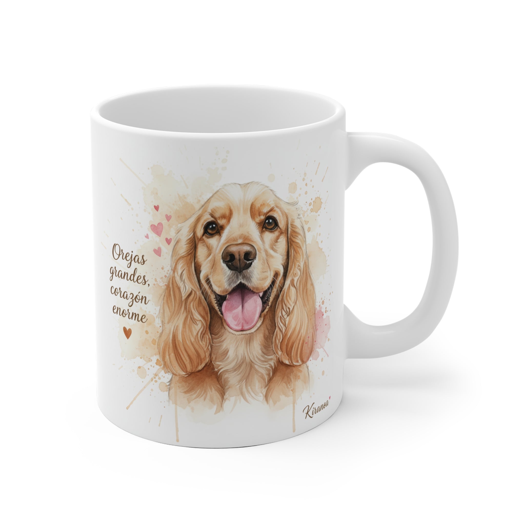 Taza Cocker Spaniel con la frase Orejas grandes, corazón enorme — ilustración acuarela — Kiranoa