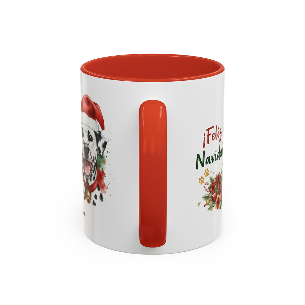 Taza Navideña Dálmata de 325 ml con interior y asa en rojo navideño vista lateral Kiranoa 
