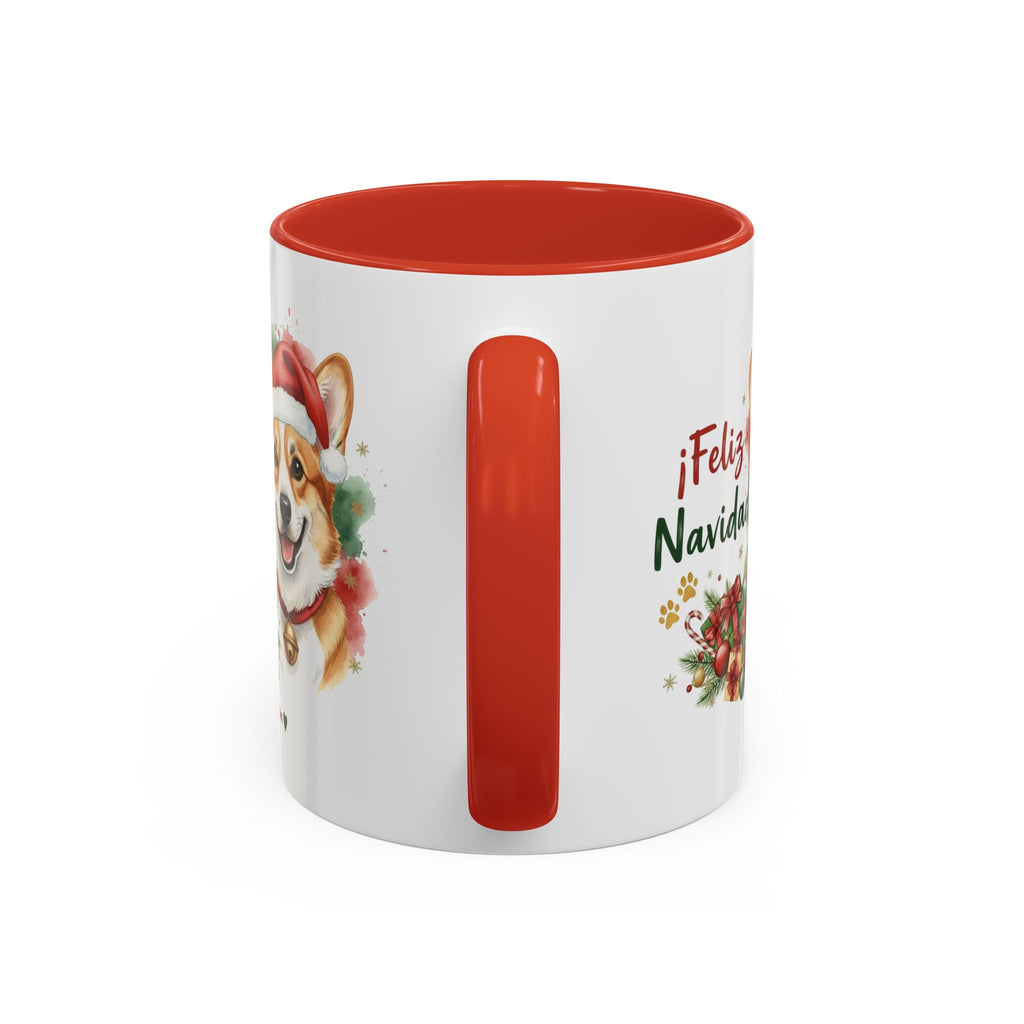 Taza Navideña Corgi de 325 ml con interior y asa en rojo navideño vista lateral Kiranoa