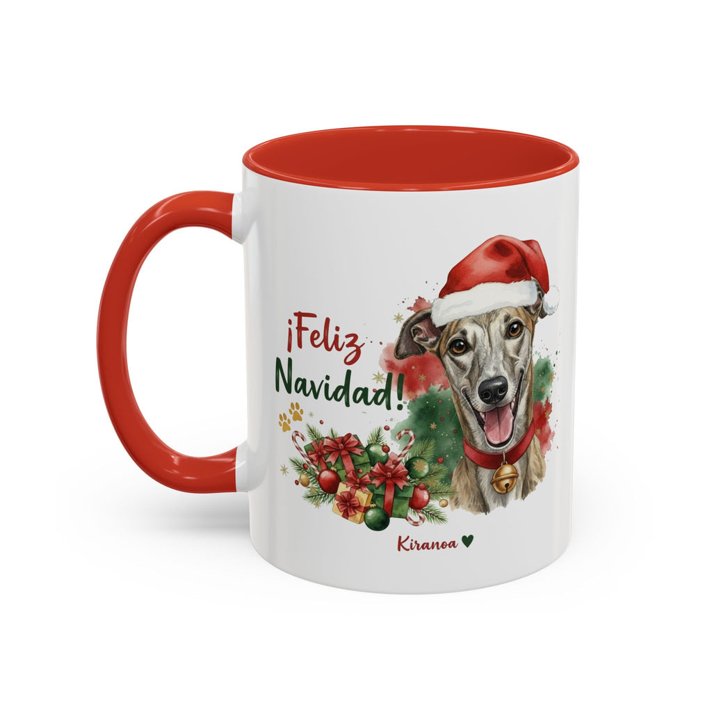 Taza Navideña Galgo Español con interior y asa roja vista trasera Kiranoa