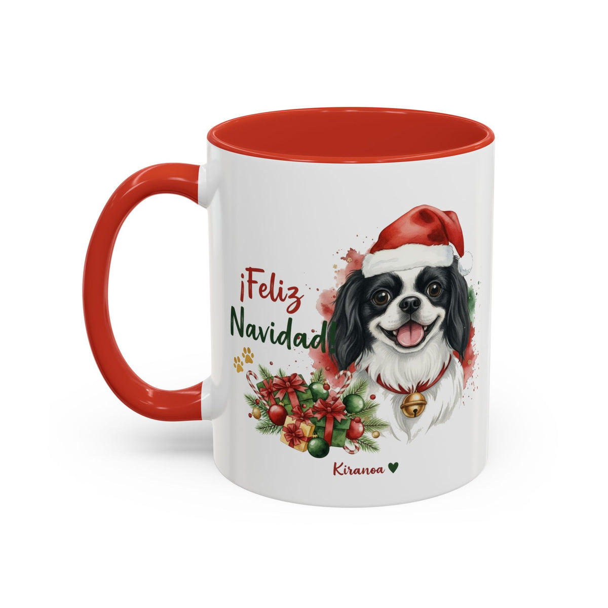 Taza Navideña Chin Japonés con interior y asa roja vista trasera Kiranoa