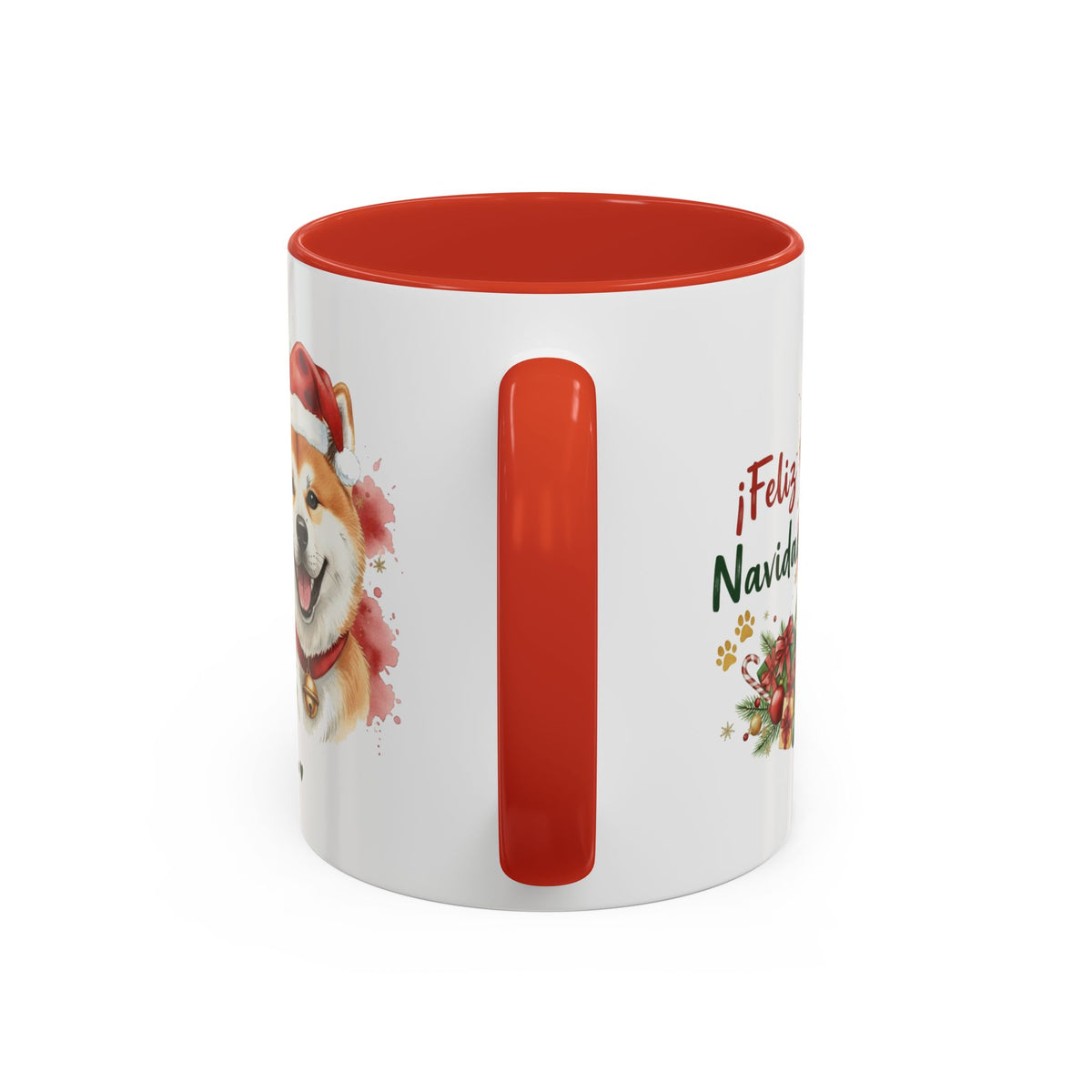 Taza Navideña Akita de 325 ml con interior y asa en rojo navideño vista lateral Kiranoa