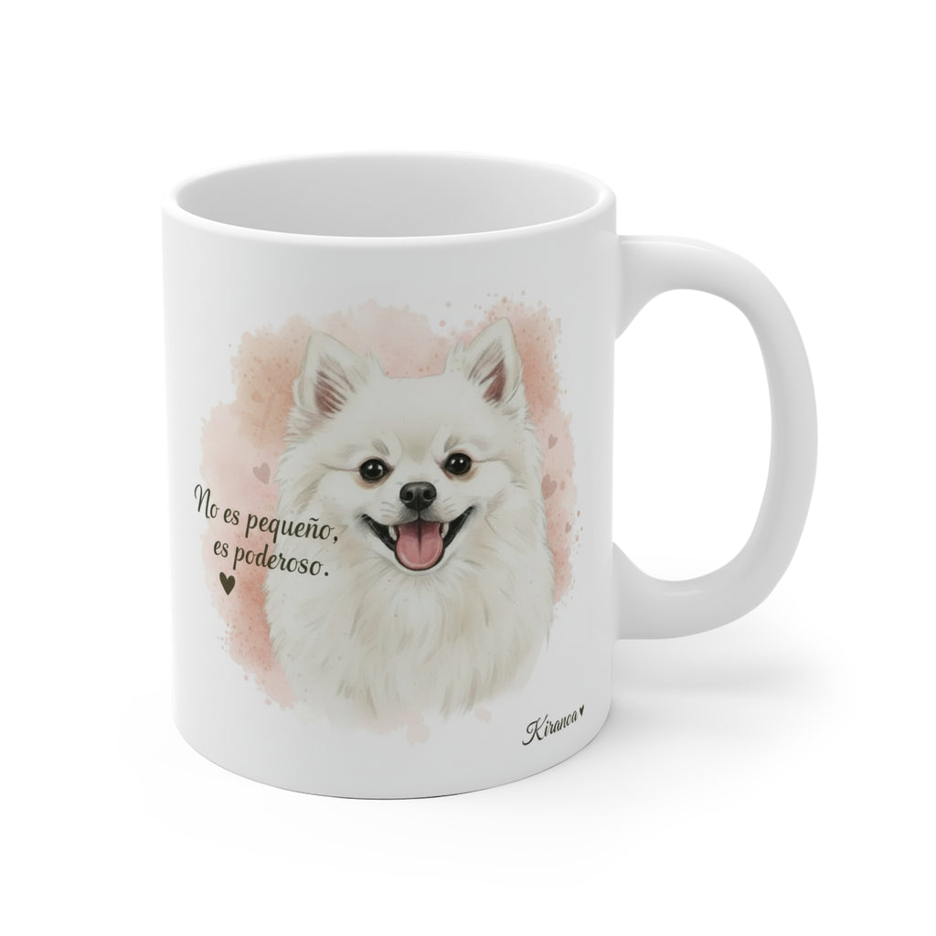 Taza cerámica Pomerania con frase No es pequeño es poderoso – vista frontal