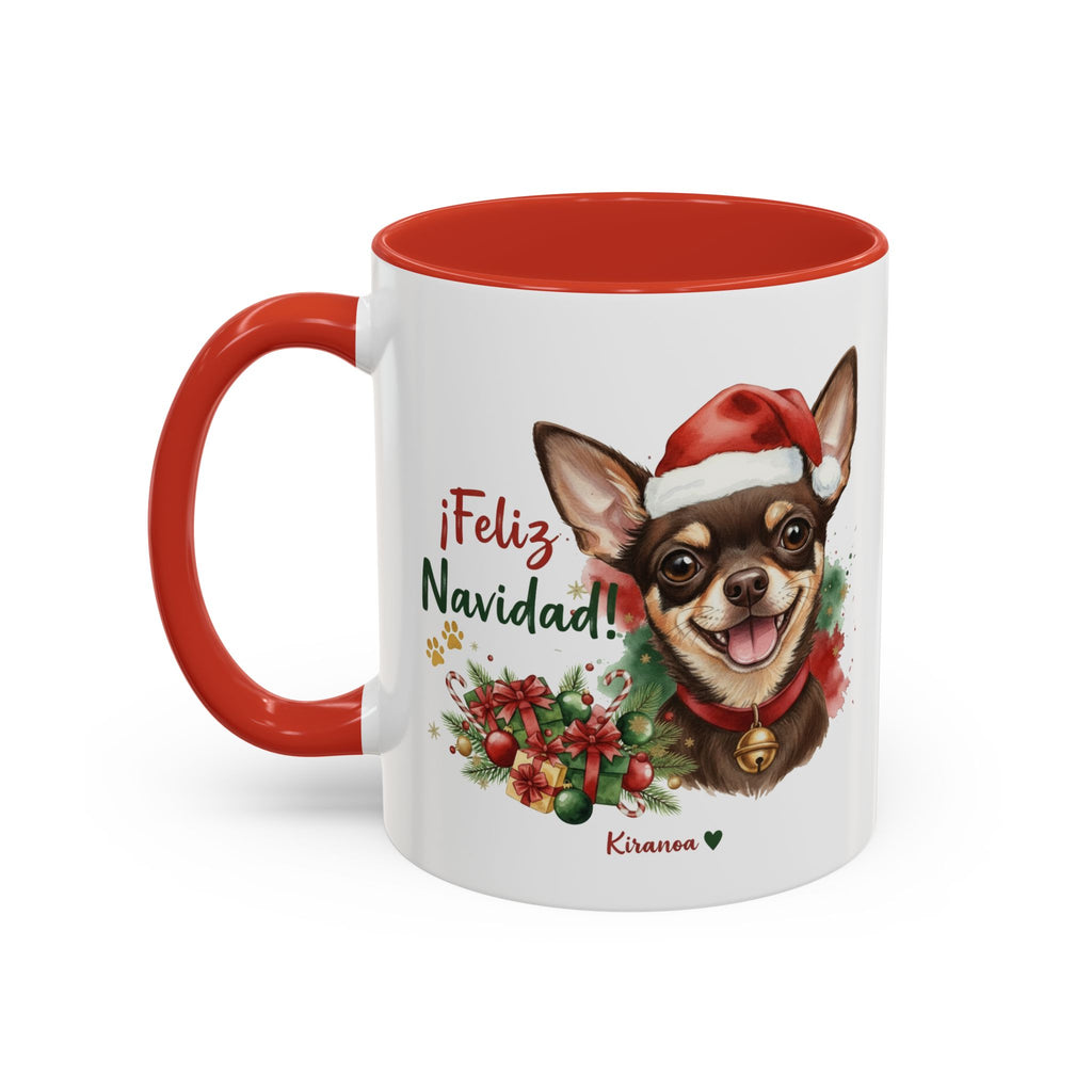 Taza Navideña Chihuahua chocolate con interior y asa roja vista trasera Kiranoa