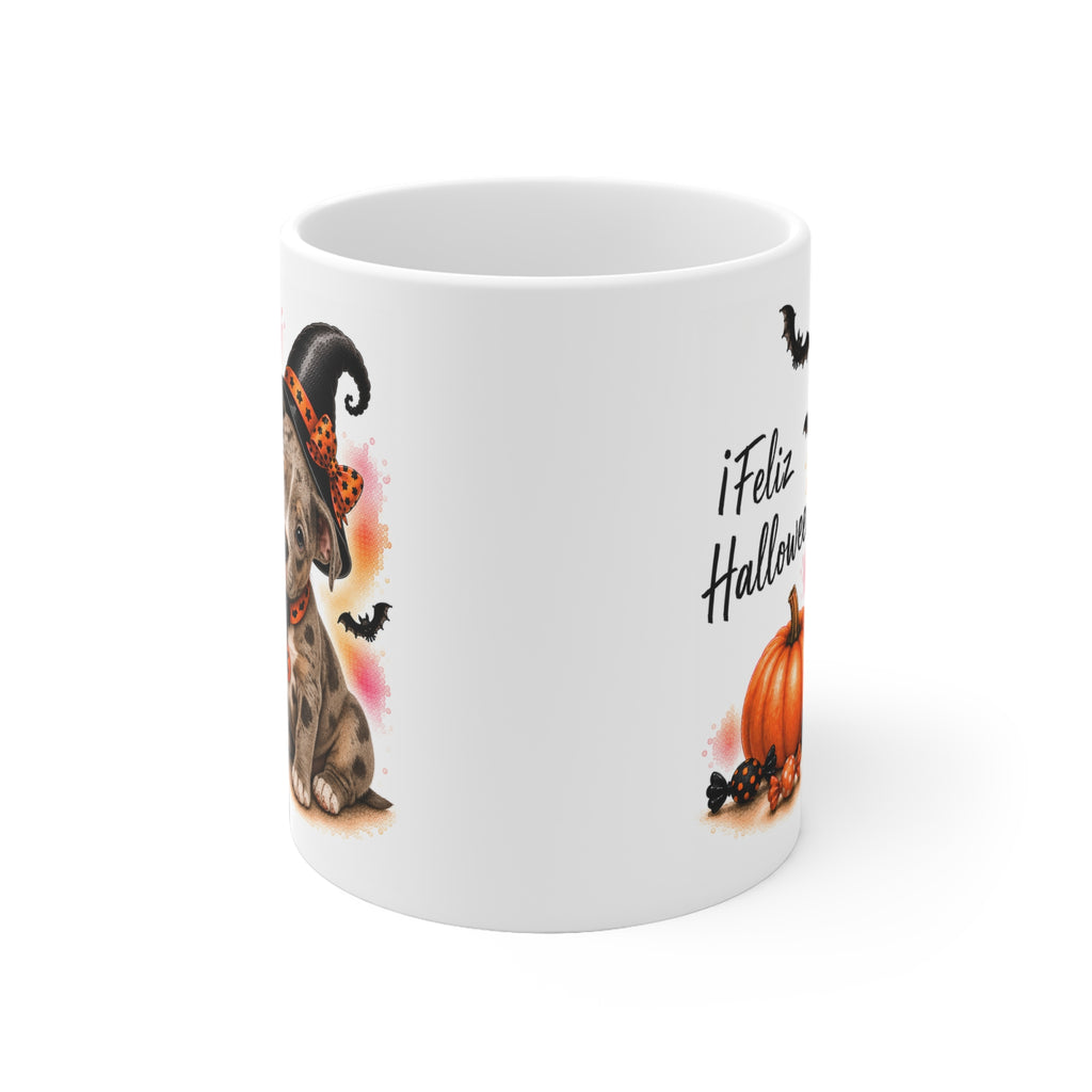 Taza cerámica Pit Bull Terrier Merle 325 ml edición Halloween vista lateral Kiranoa