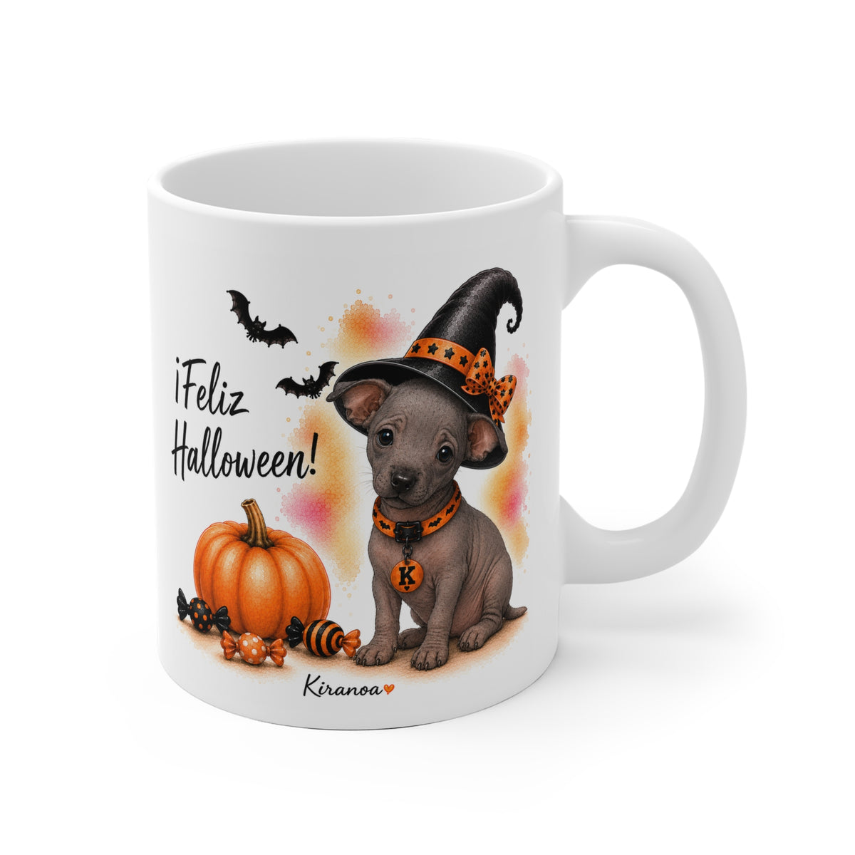 Taza cerámica Perro sin pelo del Perú Halloween con ilustración terrorífica vista frontal Kiranoa