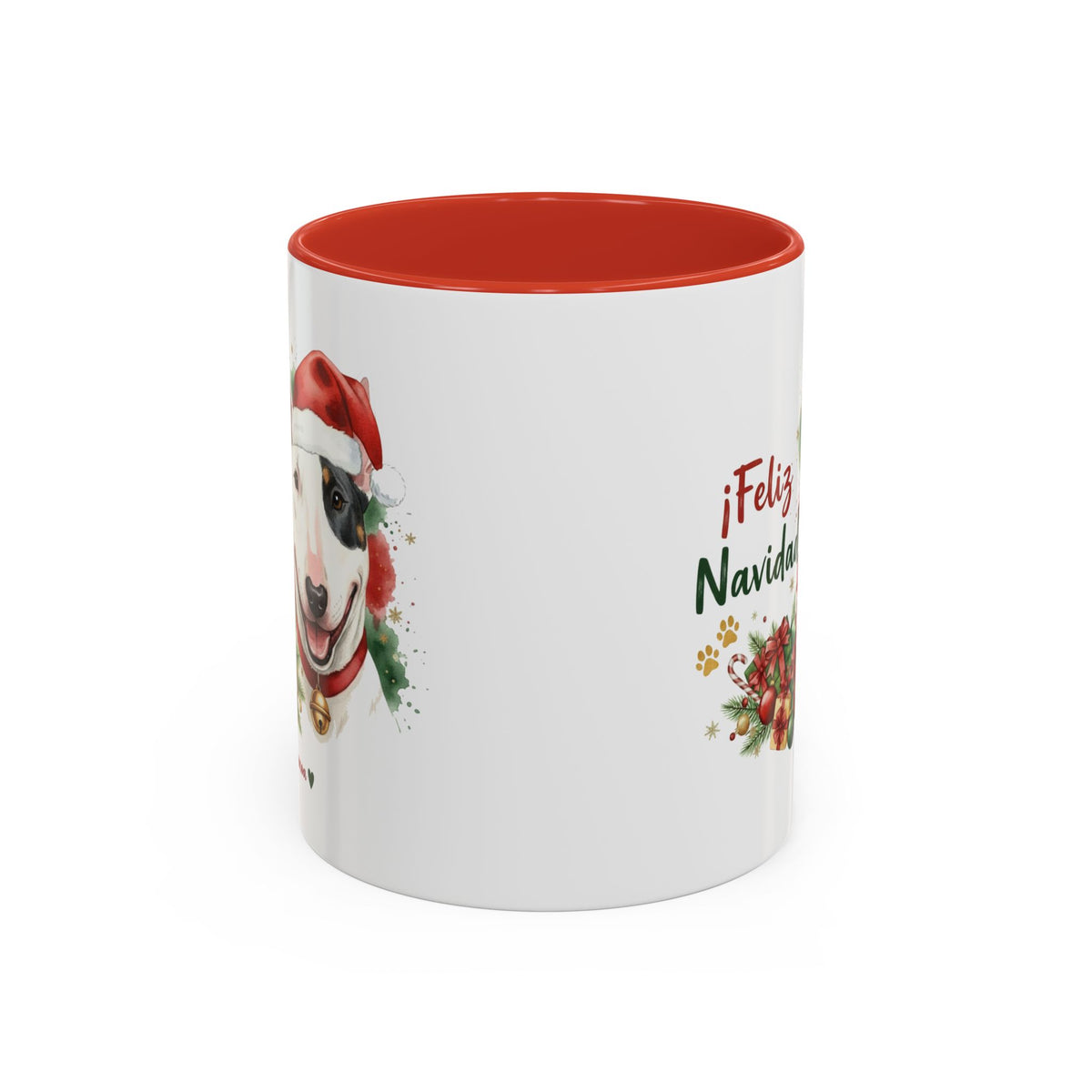 Taza Navideña Bull Terrier Miniatura con diseño navideño impreso vista lateral Kiranoa