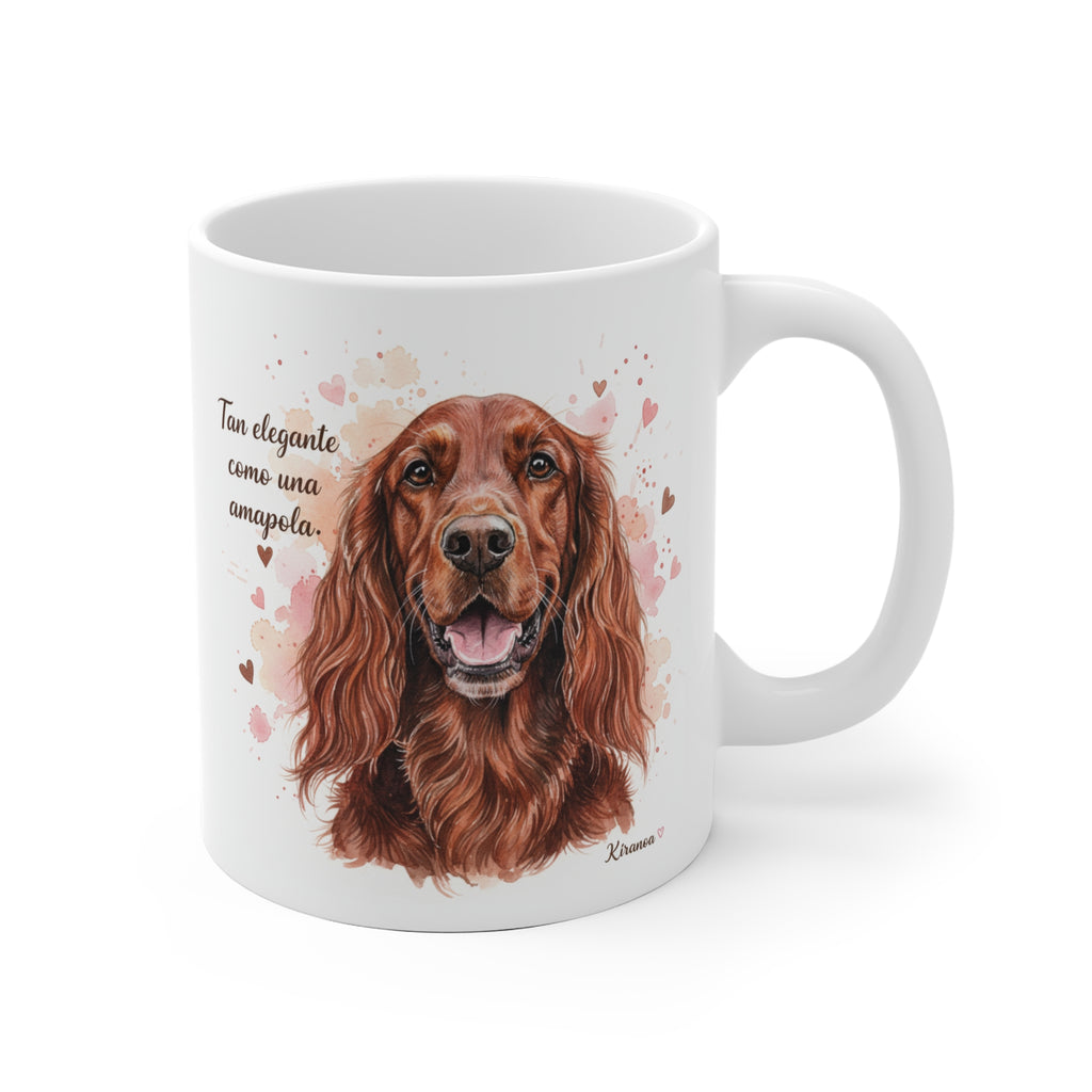 Taza cerámica Setter Irlandés con frase Tan elegante como una amapola. – vista frontal