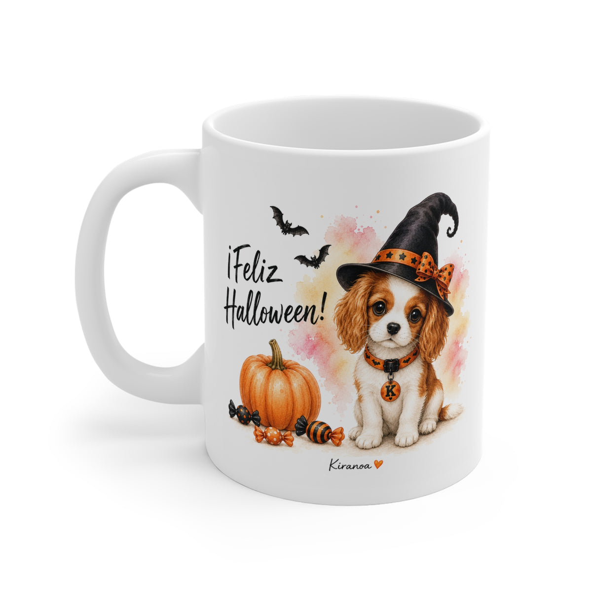 Taza cerámica Cavalier King Charles Spaniel Halloween con diseño impreso en ambas caras vista trasera Kiranoa