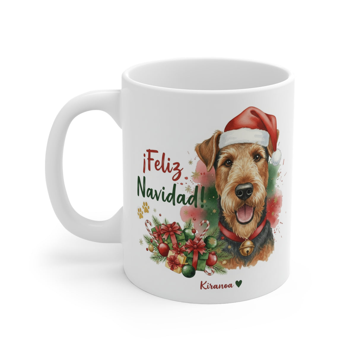 Taza cerámica Airedale con diseño navideño impreso en ambas caras vista trasera Kiranoa