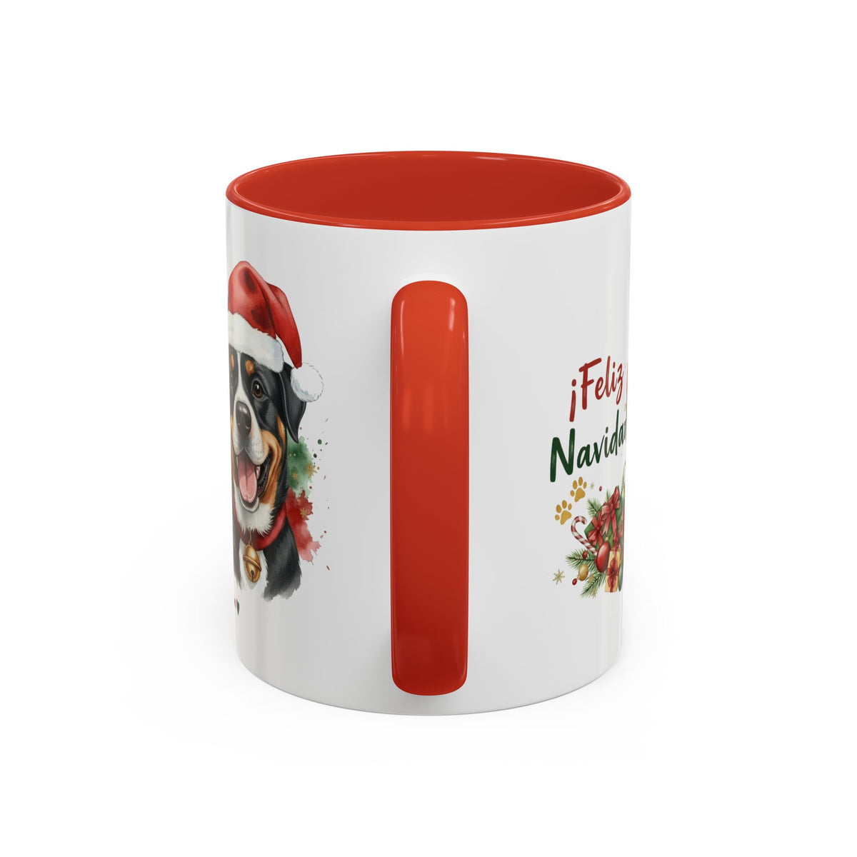 Taza Navideña Gran Boyero Suizo de 325 ml con interior y asa en rojo navideño vista lateral Kiranoa