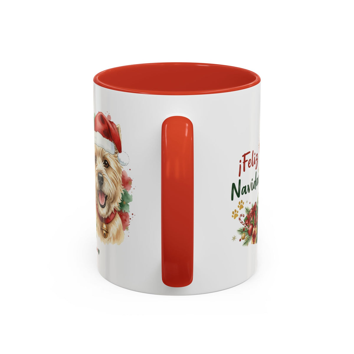 Taza Navideña Cairn Terrier de 325 ml con interior y asa en rojo navideño vista lateral Kiranoa