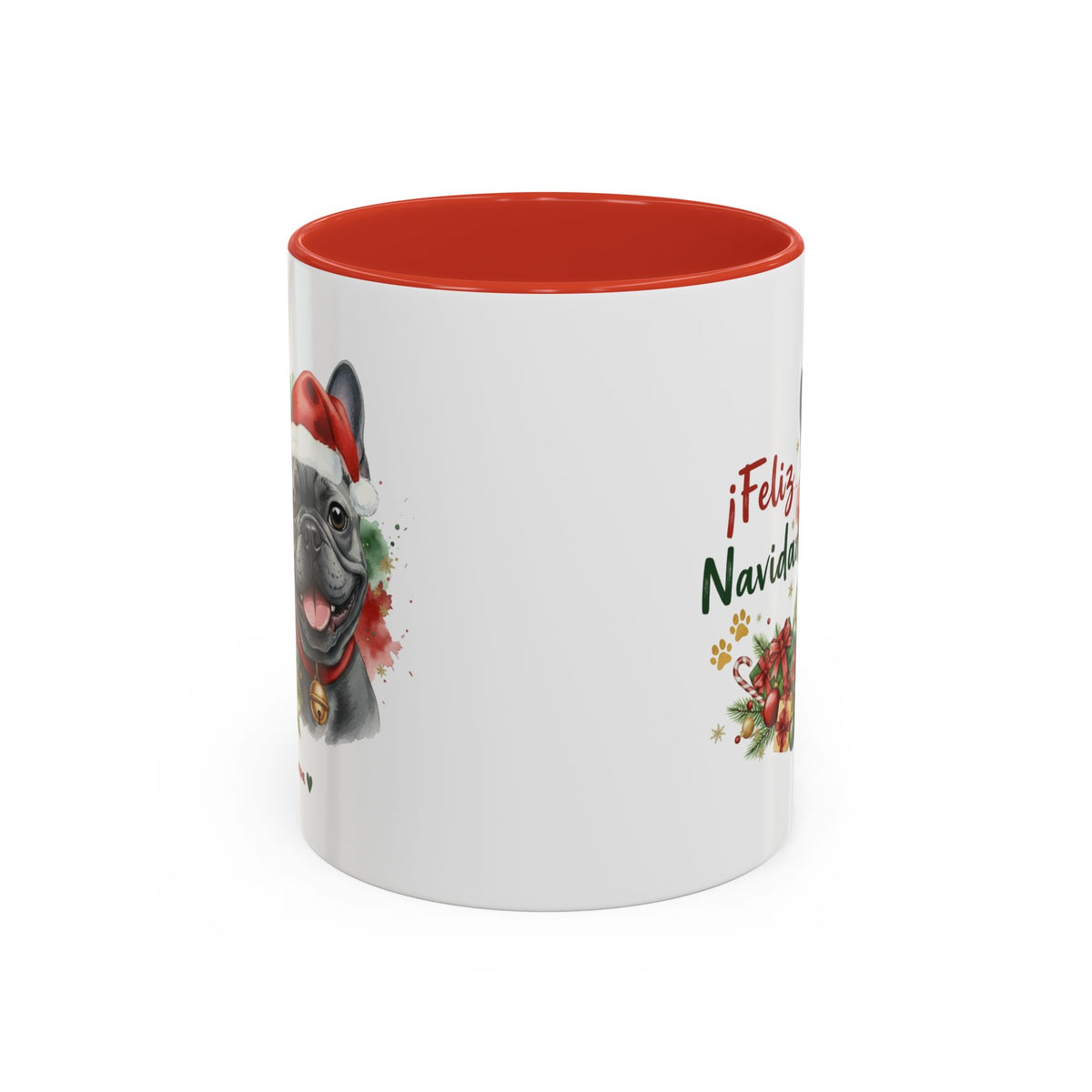Taza Navideña Bulldog Francés Blue con diseño navideño impreso vista lateral Kiranoa