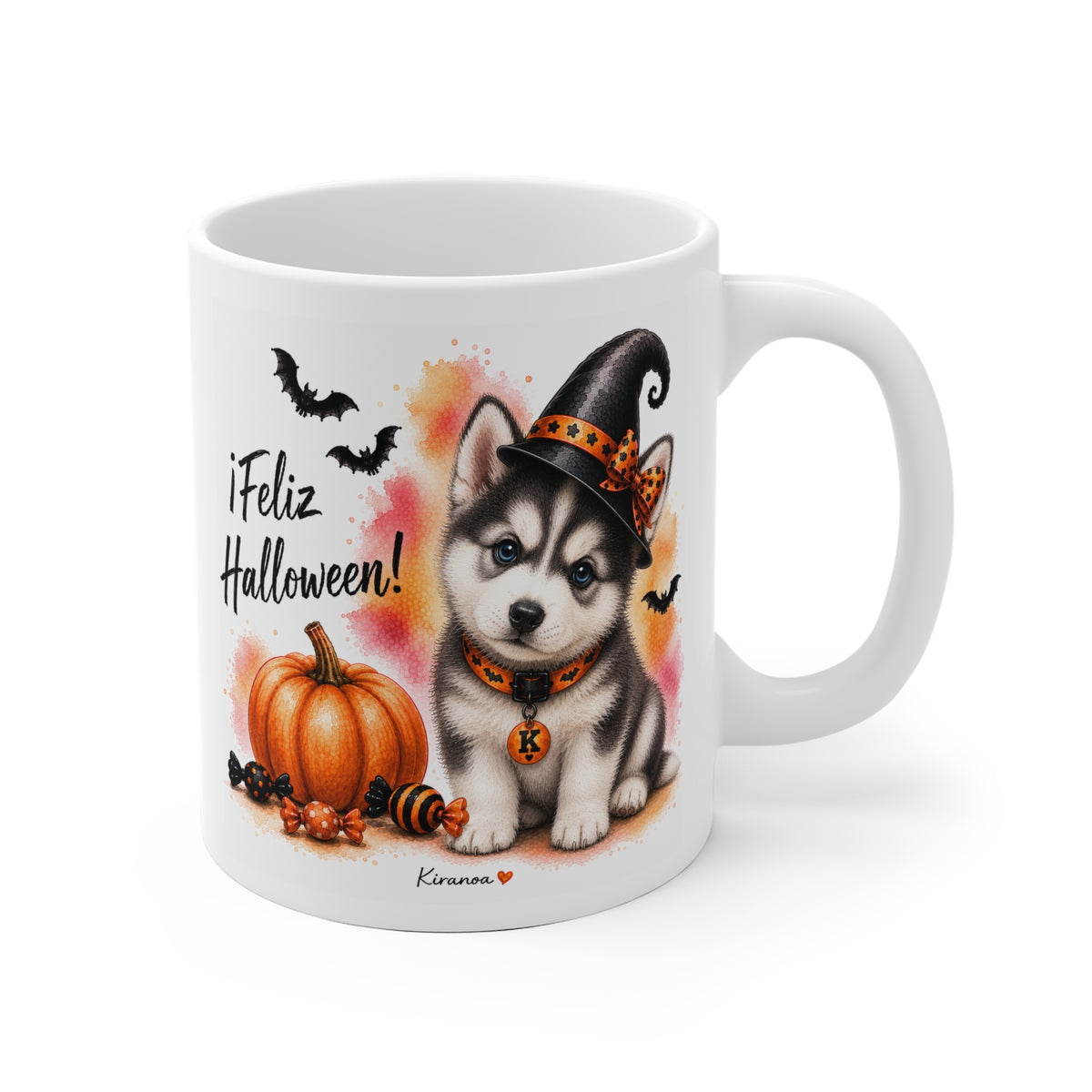 Taza cerámica Husky Siberiano Halloween con ilustración terrorífica vista frontal Kiranoa