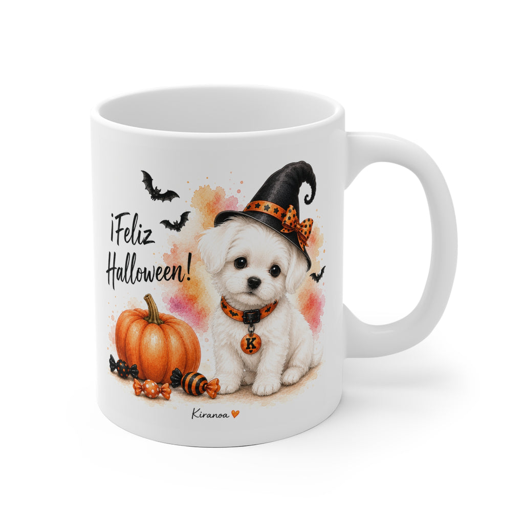 Taza cerámica Bichón Maltés Halloween con ilustración terrorífica vista frontal Kiranoa