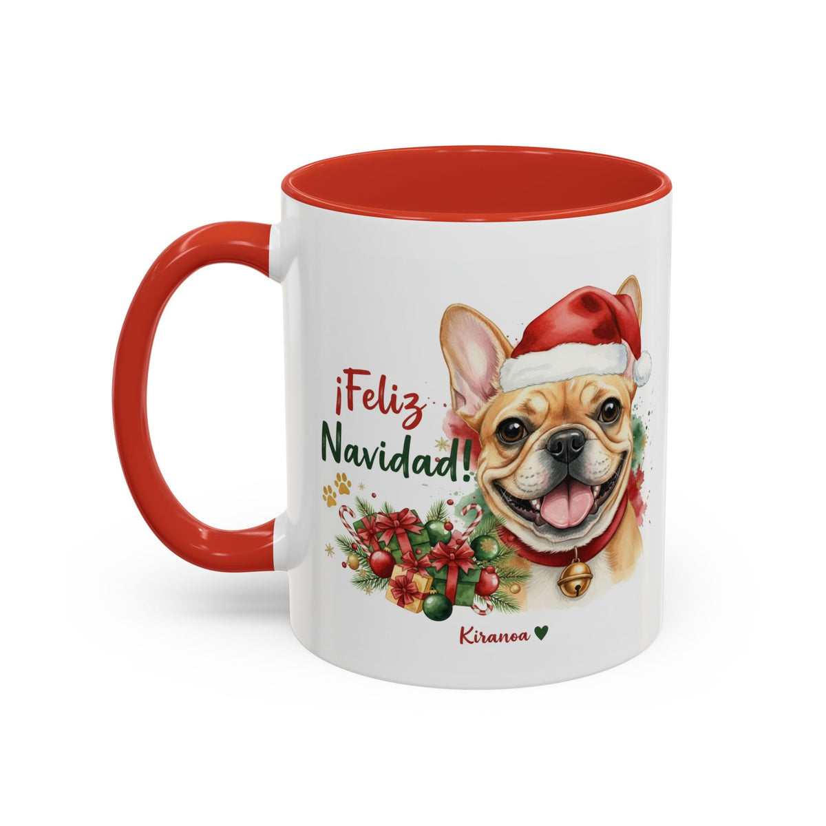 Taza Navideña Bulldog Francés Fawn con interior y asa roja vista trasera Kiranoa