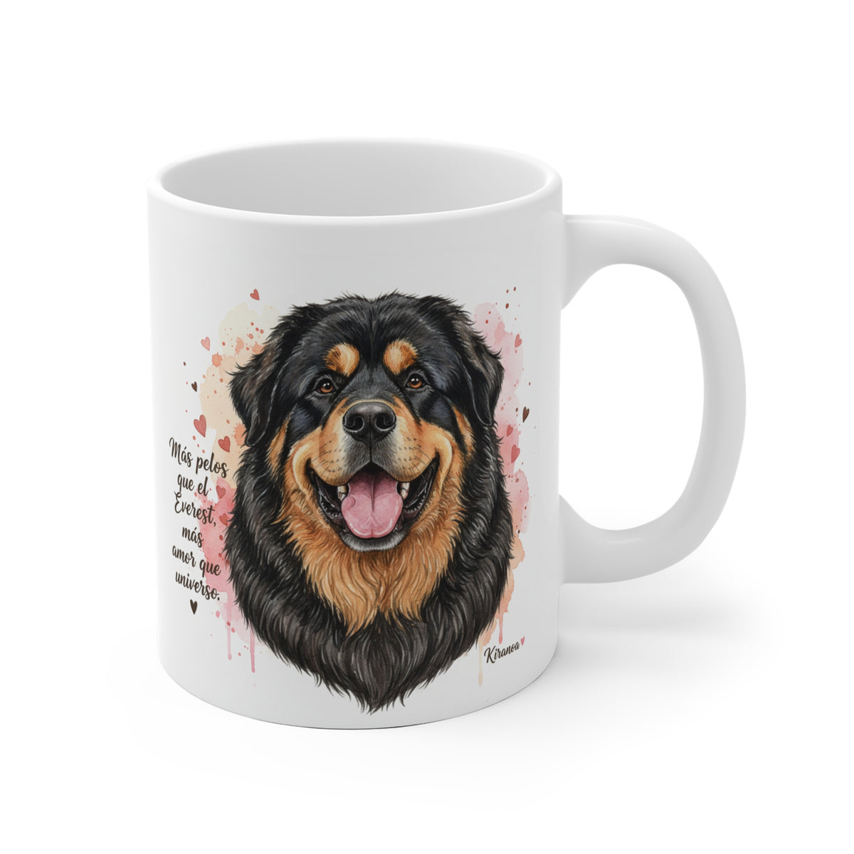 Taza cerámica Mastín Tibetano con frase Más pelos que el Everest, más amor que universo. – vista frontal