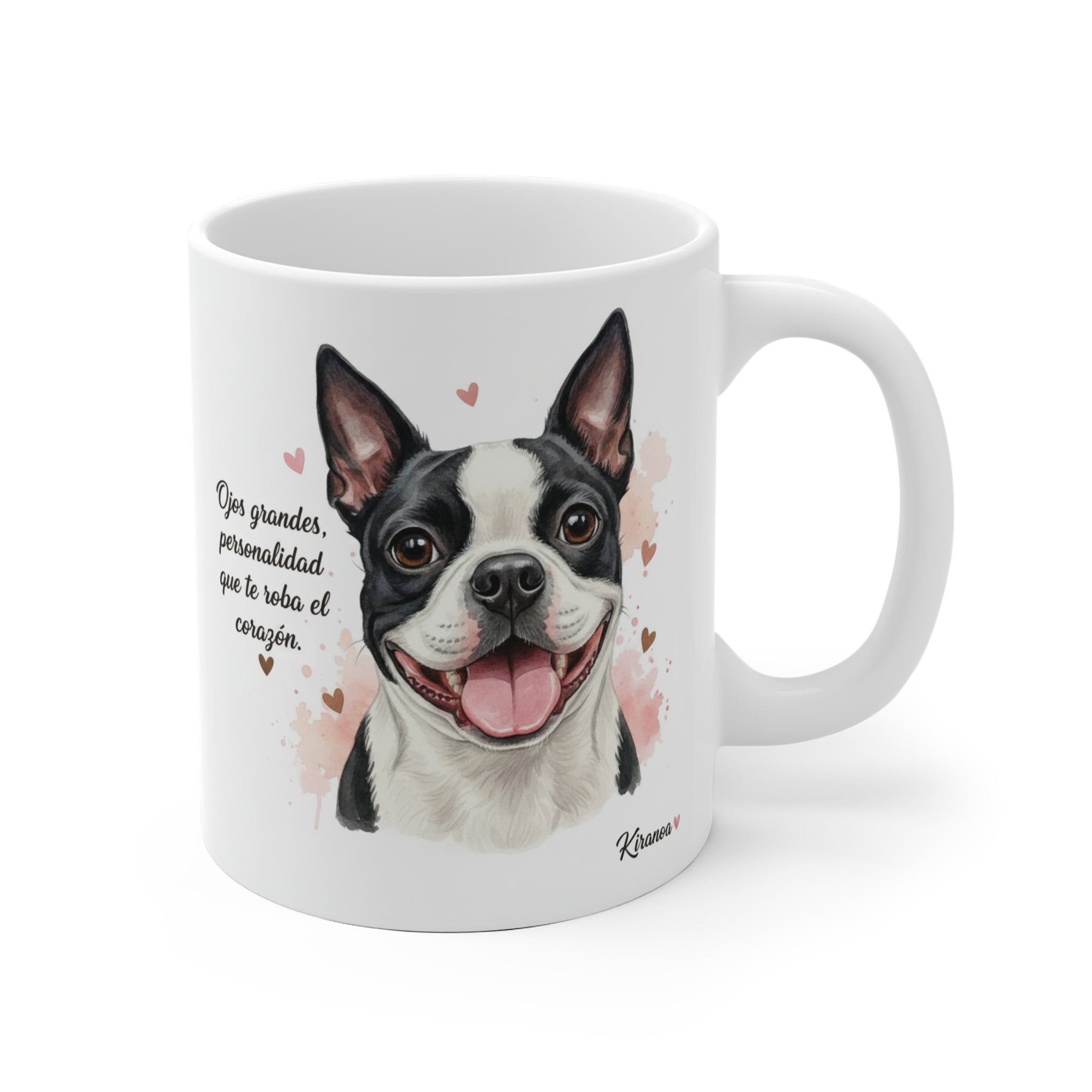 Taza cerámica Boston Terrier con frase Gran personalidad que te roba el corazón – vista frontal