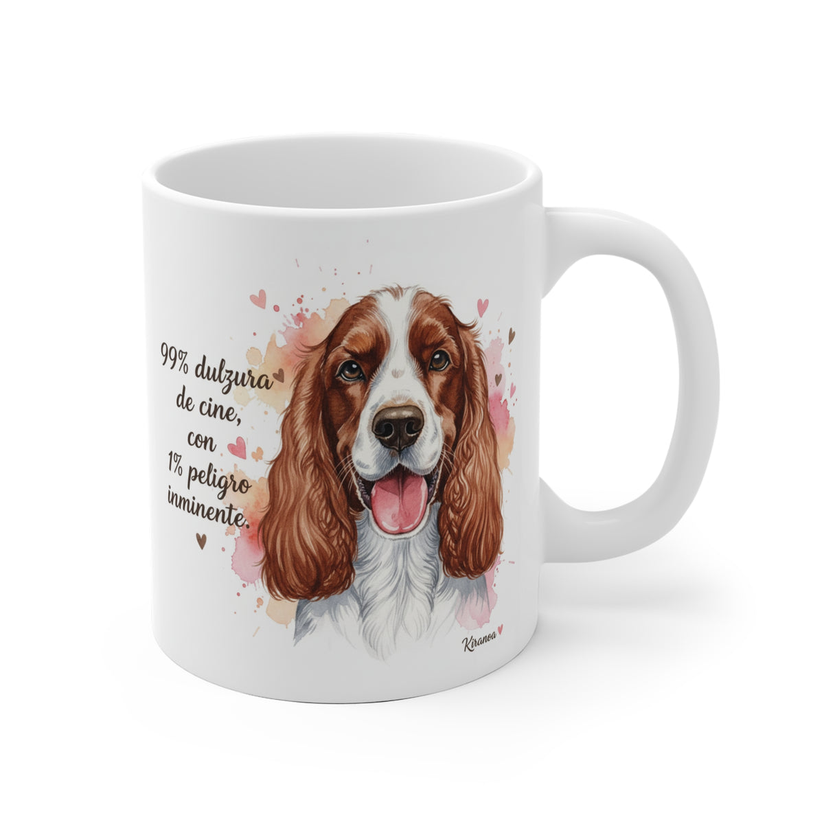 Taza cerámica Cocker Spaniel Americano con frase 99% Dulzura de cine con 1% peligro inminente – vista frontal
