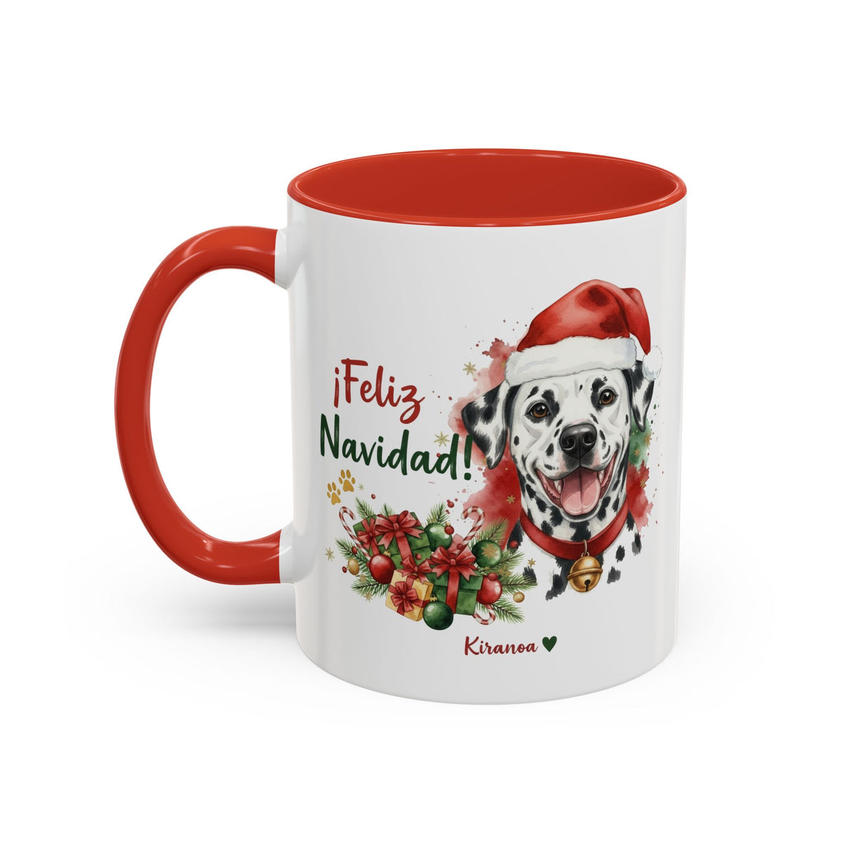Taza Navideña Dálmata con interior y asa roja vista trasera Kiranoa