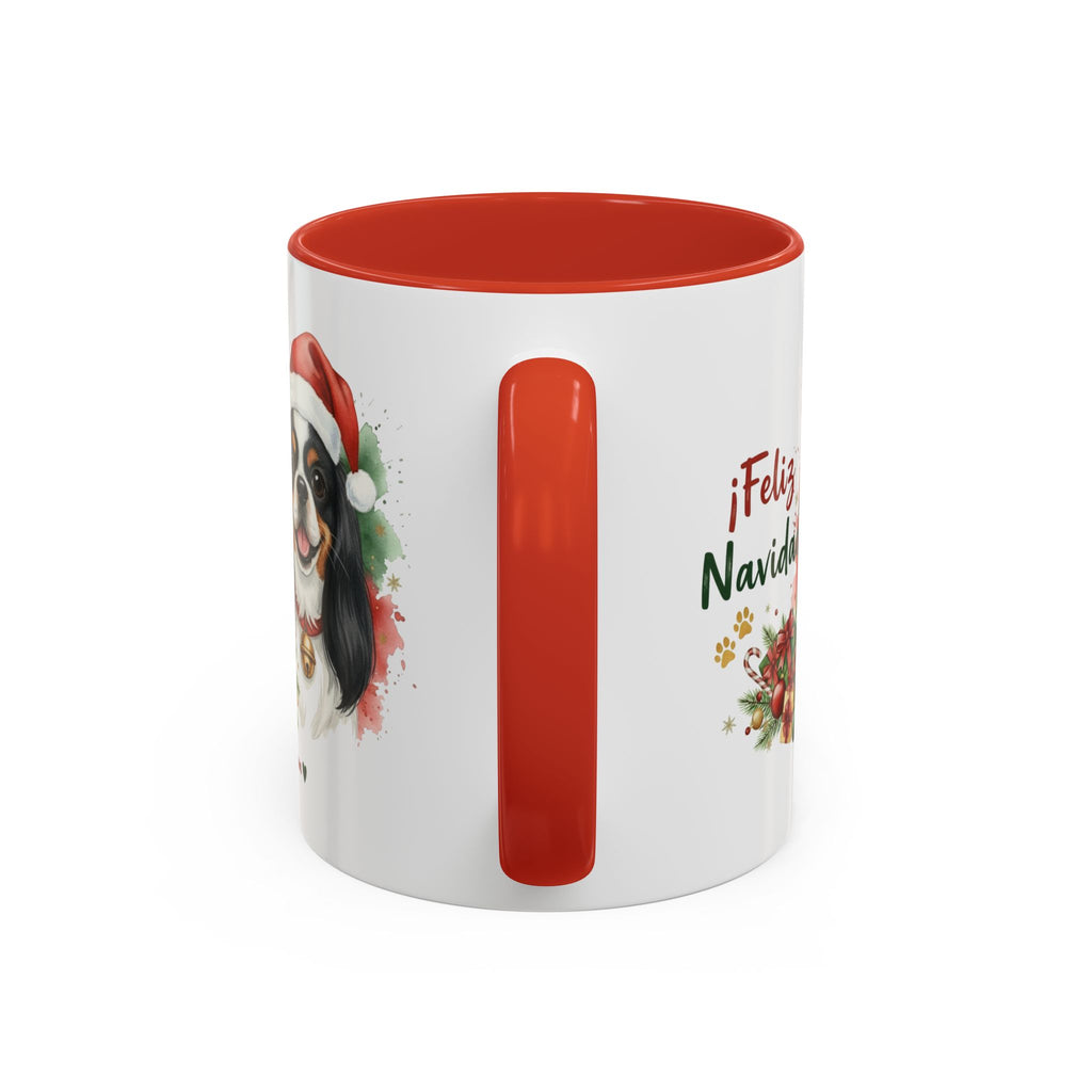 Taza Navideña Cavalier King Charles Tricolor de 325 ml con interior y asa en rojo navideño vista lateral Kiranoa